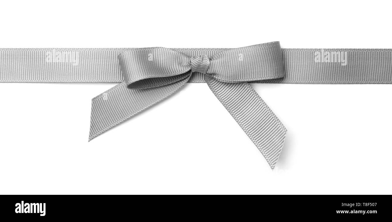 Silver ribbon with bow on white background Stock Photo - Alamy