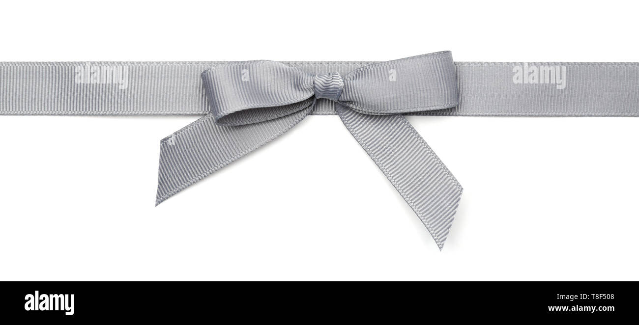 Silver ribbon with bow on white background Stock Photo - Alamy