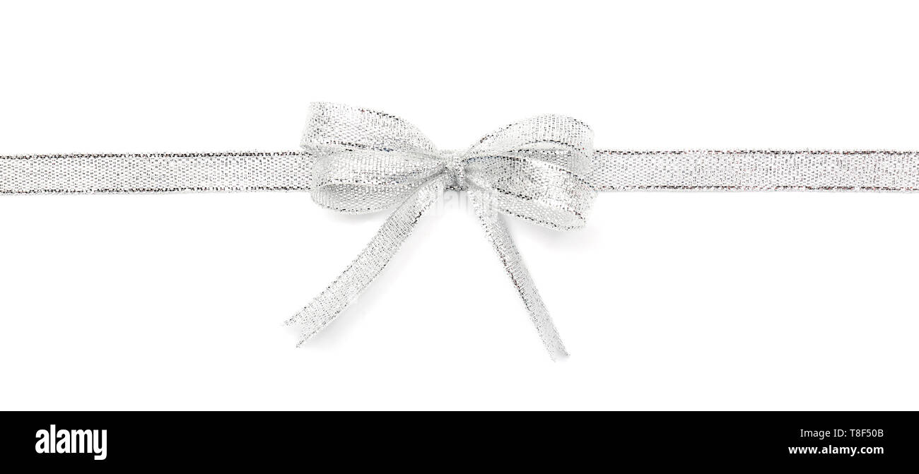 Silver ribbon with bow on white background Stock Photo - Alamy