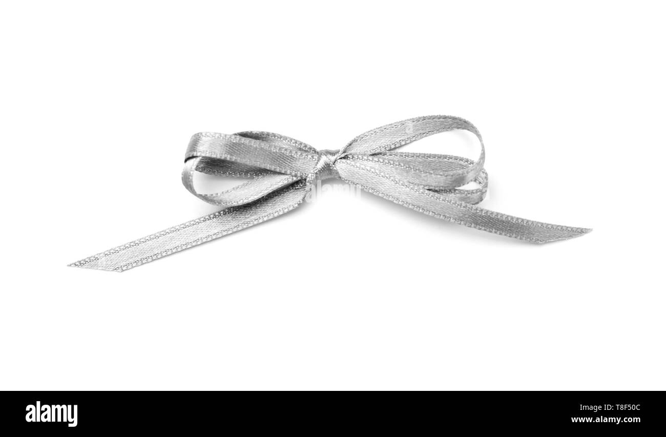 Beautiful bow made from silver ribbon on white background Stock Photo ...