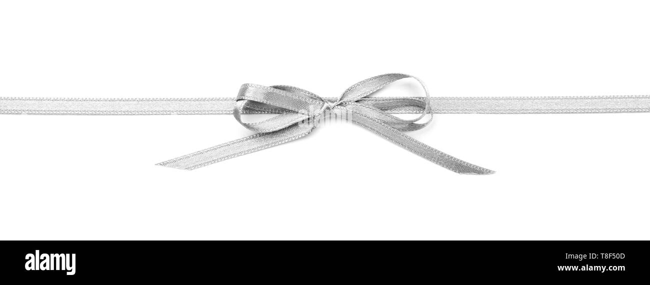 Silver ribbon with bow on white background Stock Photo - Alamy