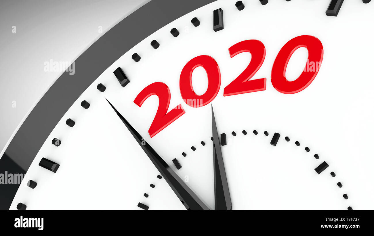 Black clock with 2020 represents coming new year 2020, threedimensional rendering, 3D