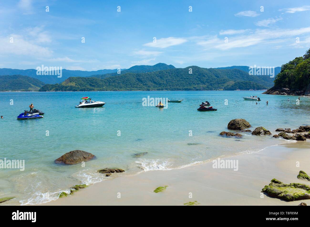 Brazil, Sao Paulo State, Litoral Norte, Barra do Sahy, As Ilhas islands a few minutes boat from the shore have a desert island twist Stock Photo