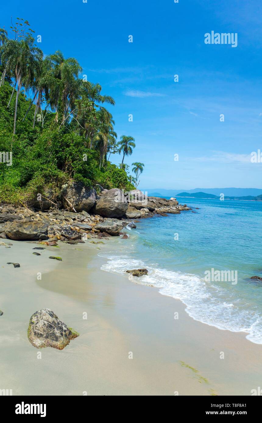 Brazil, Sao Paulo State, Litoral Norte, Barra do Sahy, As Ilhas islands a few minutes boat from the shore have a desert island twist Stock Photo