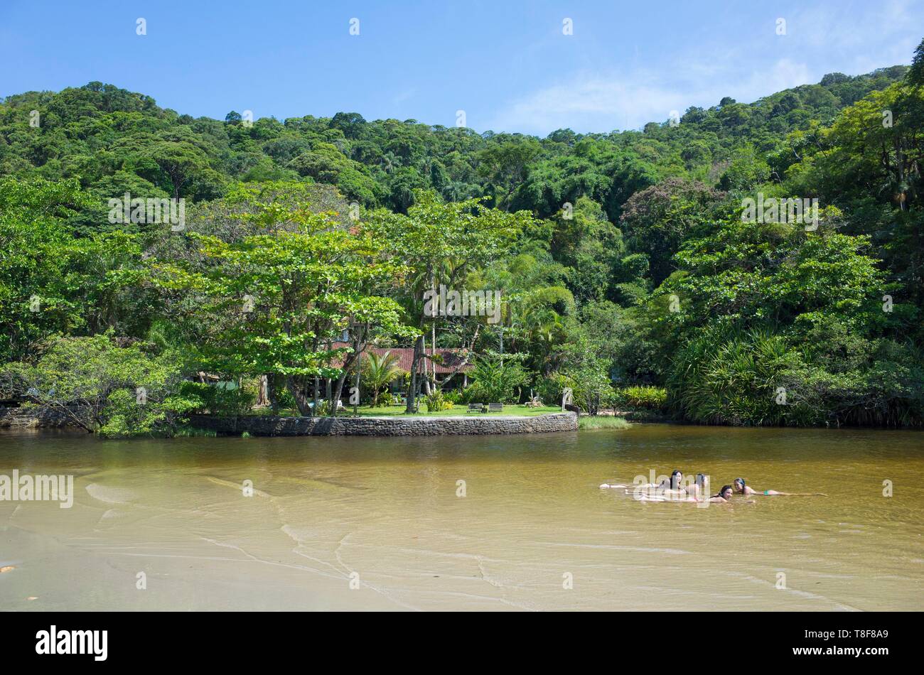 Brazil, Sao Paulo State, Litoral Norte, Barra do Sahy, Sahy river meandering towards the Atlantic Stock Photo