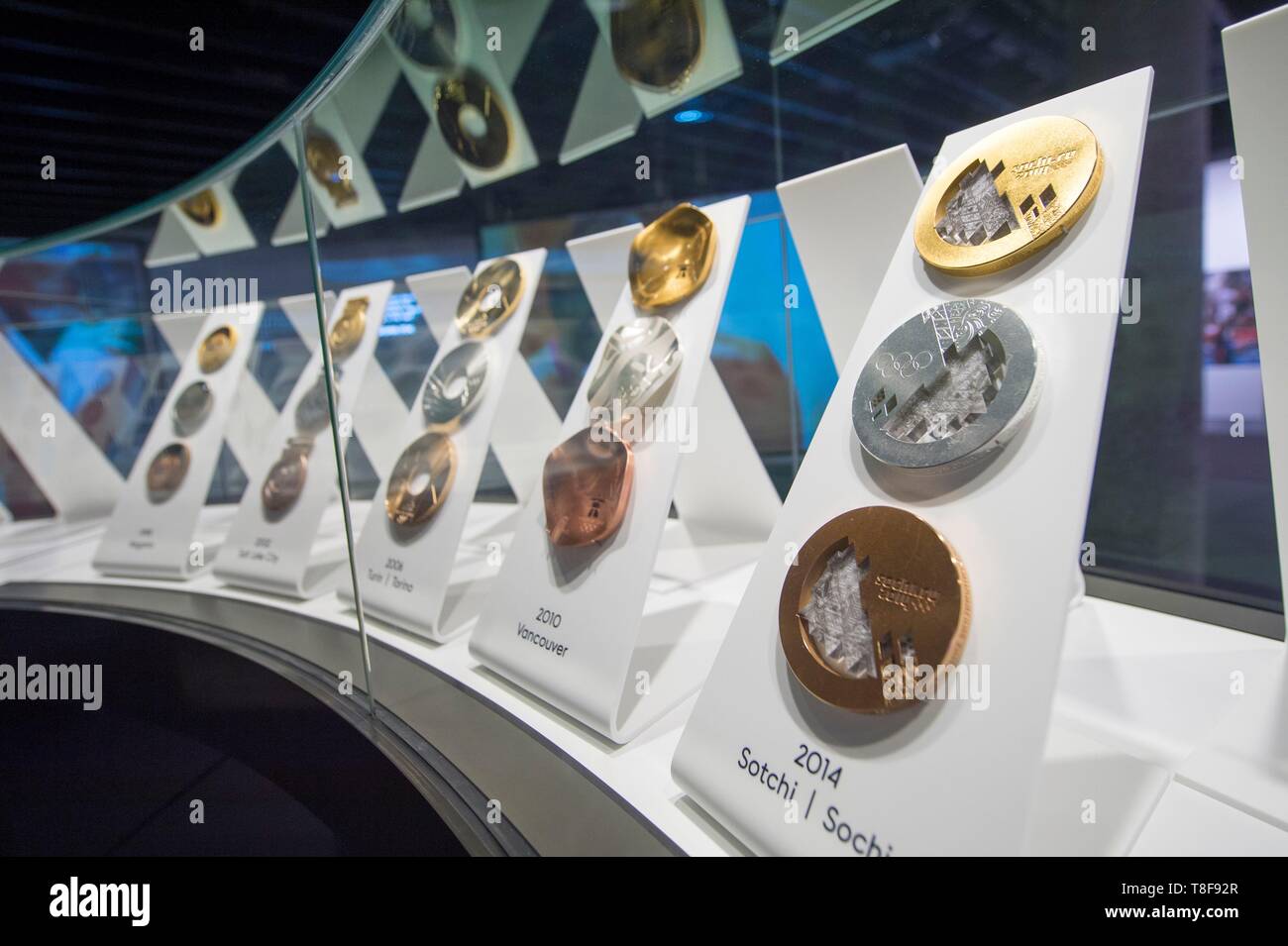 Switzerland, Canton of Vaud, Lausanne, the Olympic museum in the district of Ouchy on Lake Geneva, the hall of medal models of the different Olympic Games Stock Photo