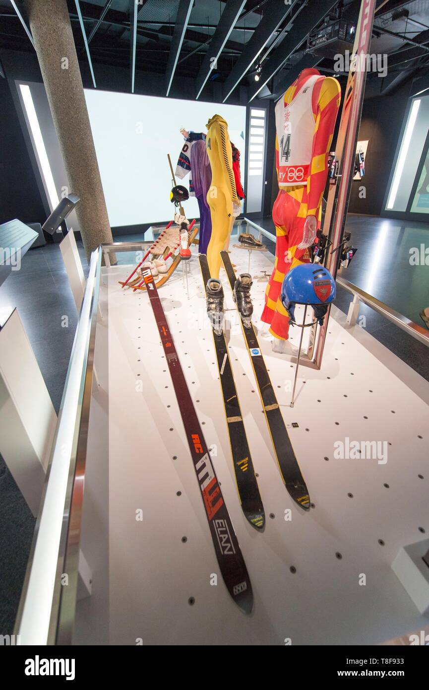 Switzerland, Canton of Vaud, Lausanne, the Olympic museum in the district of Ouchy on the shores of Lake Geneva, the showroom reserved for the ski events with the equipment of the 1968 French champion Jean Claude Killy Stock Photo