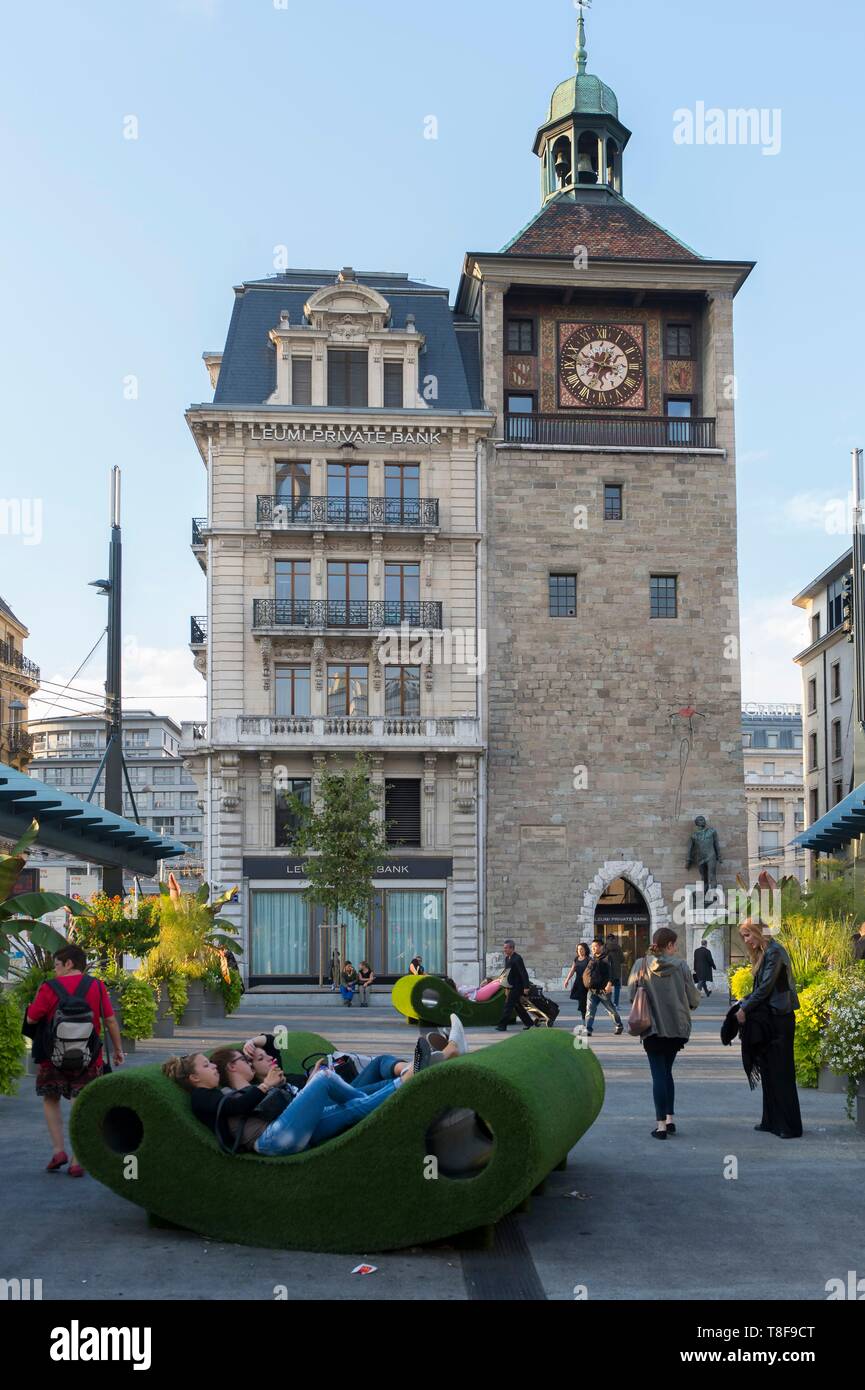 Switzerland, Geneva, Swiss Confederation, the bus station of public  transport on the bridge of the Island and an old tower of fortification  Stock Photo - Alamy