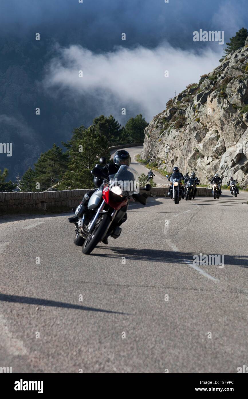 France, Corse du Sud, Zonza, bikers near the Bavella pass Stock Photo