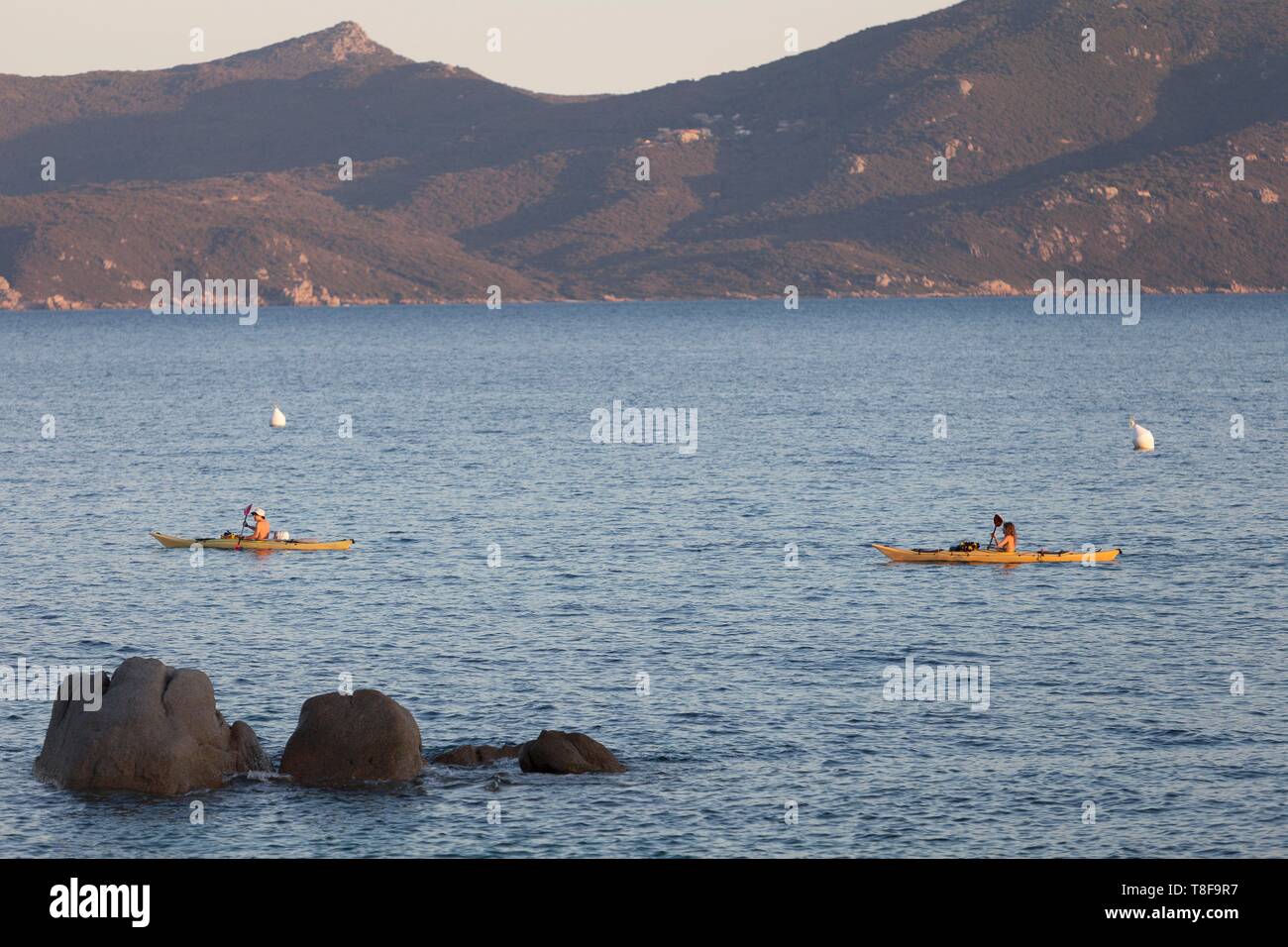 France, Corse du Sud, Serra di Ferro, Porto Pollo, kayaks in the Gulf of Valinco Stock Photo