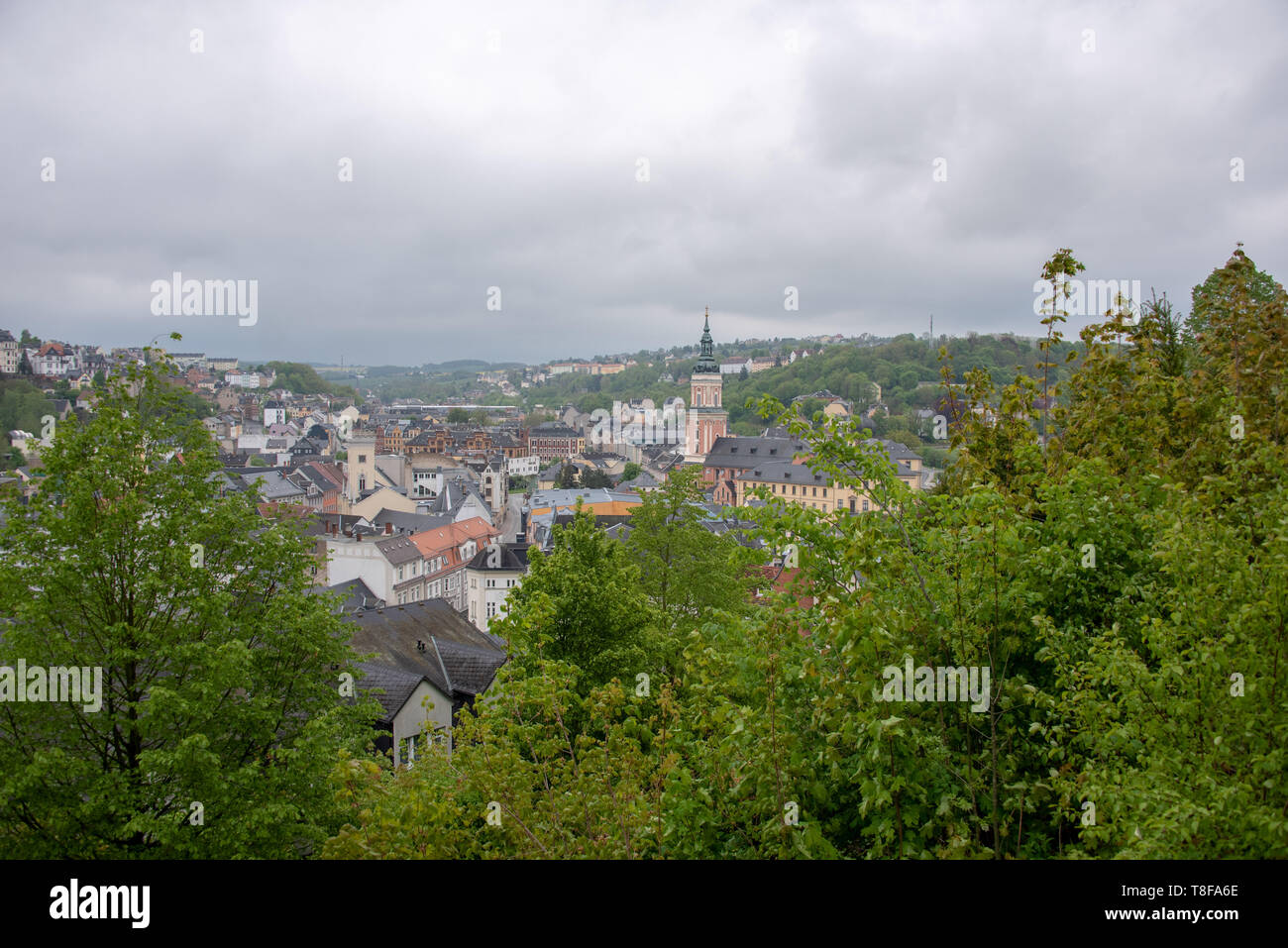 Greiz, Germany - May 12, 2019: View of the city of Greiz with the Stadtkirche St. Marien, Germany. Stock Photo