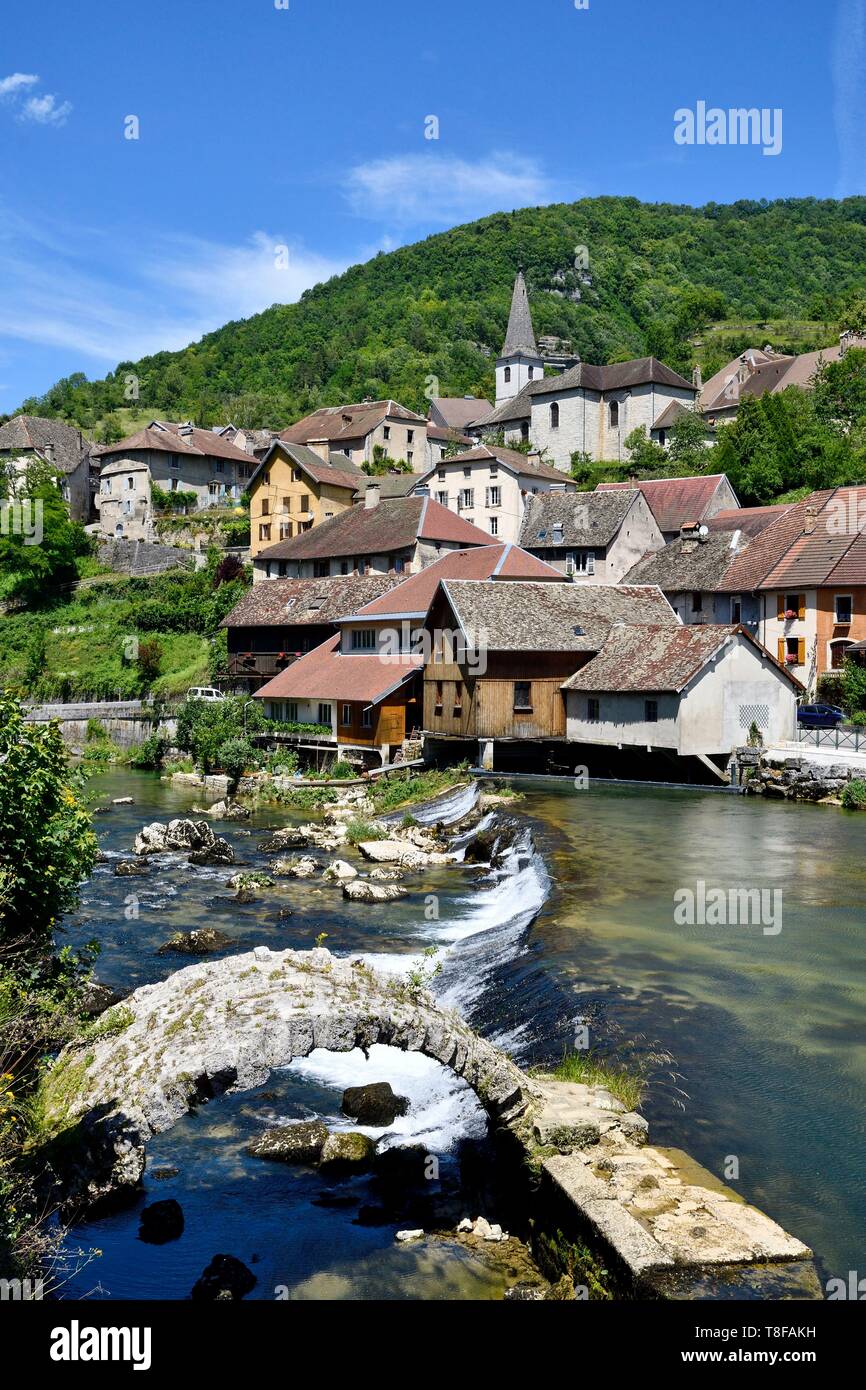 France, Doubs, Loue valley, Lods, Roman bridge and village of France ranked Stock Photo