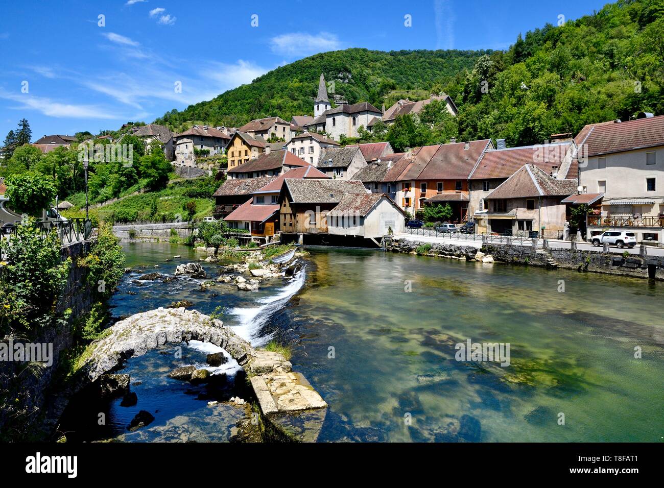 France, Doubs, Loue valley, Lods, Roman bridge and village of France ranked Stock Photo