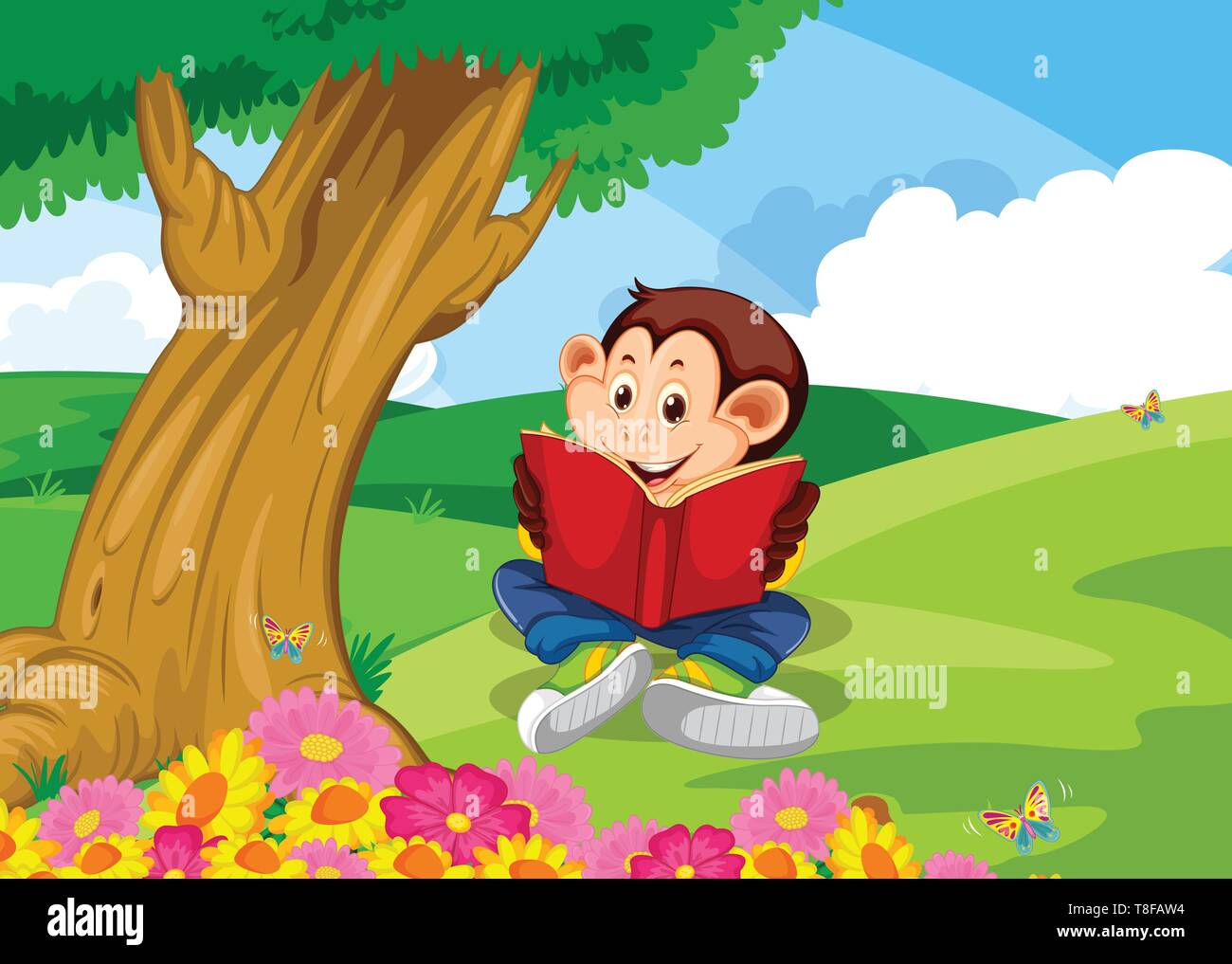 Monkey reading book in garden illustration Stock Vector