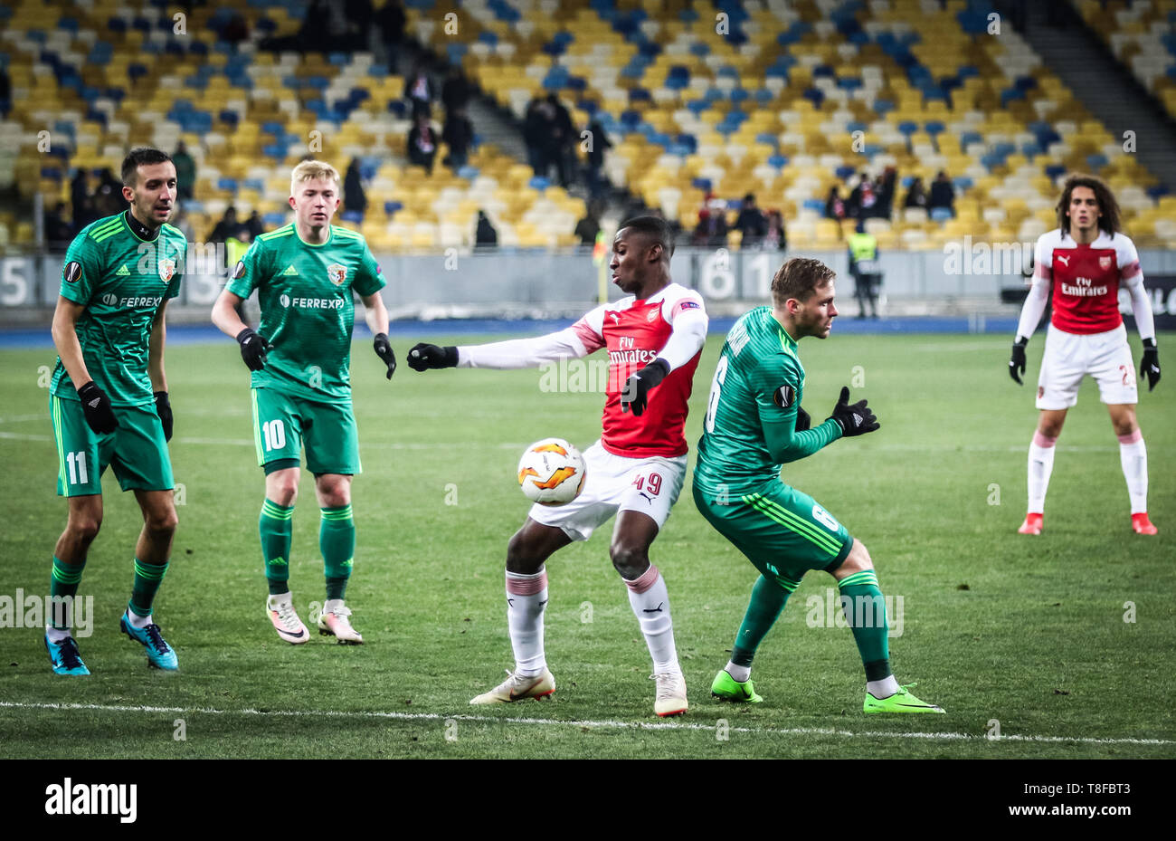 KYIV, UKRAINE - NOVEMBER 29, 2018: Eddie Nketiah of Arsenal (#49) controls a ball during the UEFA Europa League game against Vorskla Poltava at NSC Ol Stock Photo
