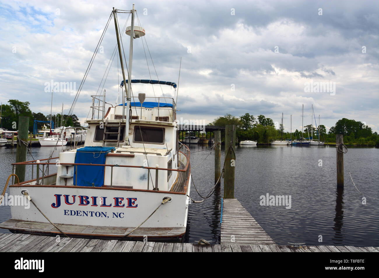 A pleasure boat anchored in Pembroke Creek off of the town of Edenton