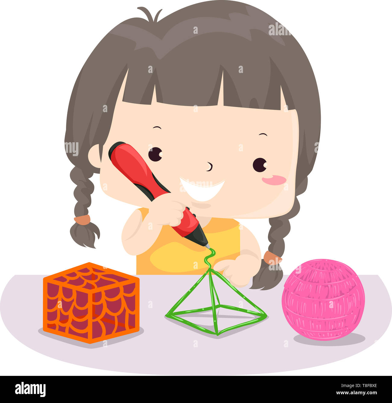 Illustration of a Kid Girl Holding a 3D Printing Pen Making a Pyramid