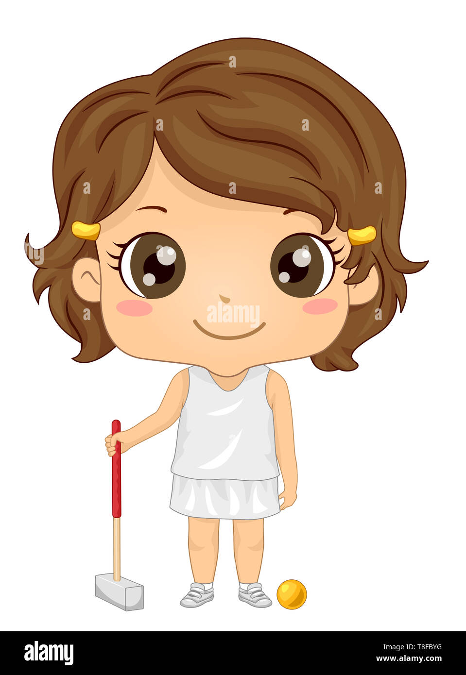 Illustration of a Kid Girl Holding a Mallet and Standing Next to a Ball