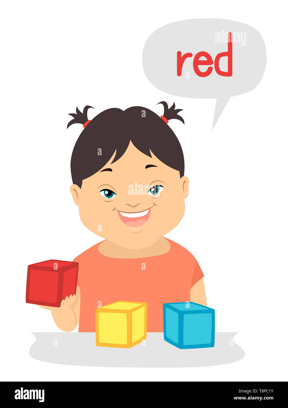 Illustration of a Kid Girl with Down Syndrome Describing the Colors of the Blocks Stock Photo