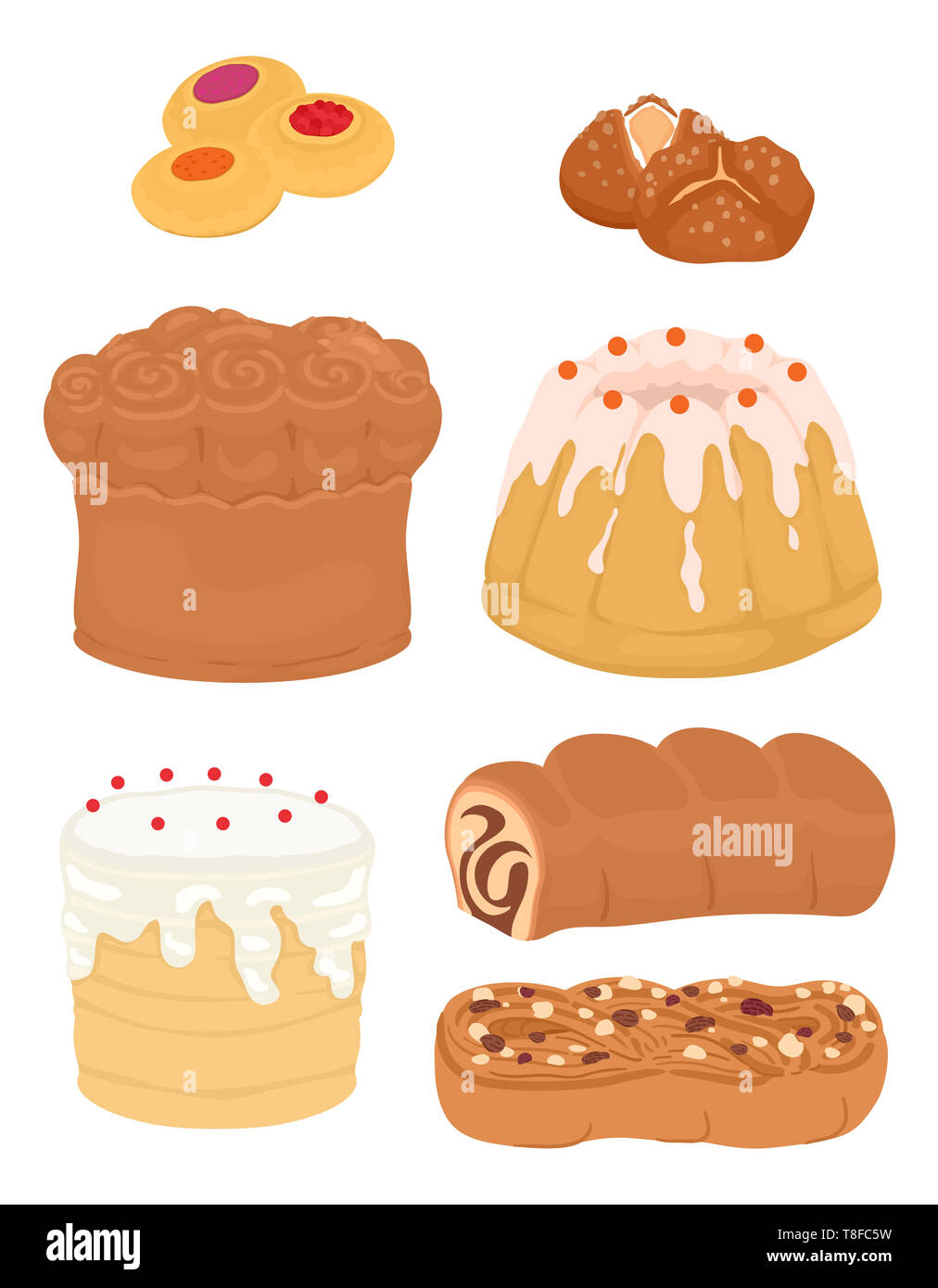 Illustration of Different Bread Served Traditionally During Easter from Kolach, Pinca, Paska, Babka, Kulich and Cozonac Stock Photo