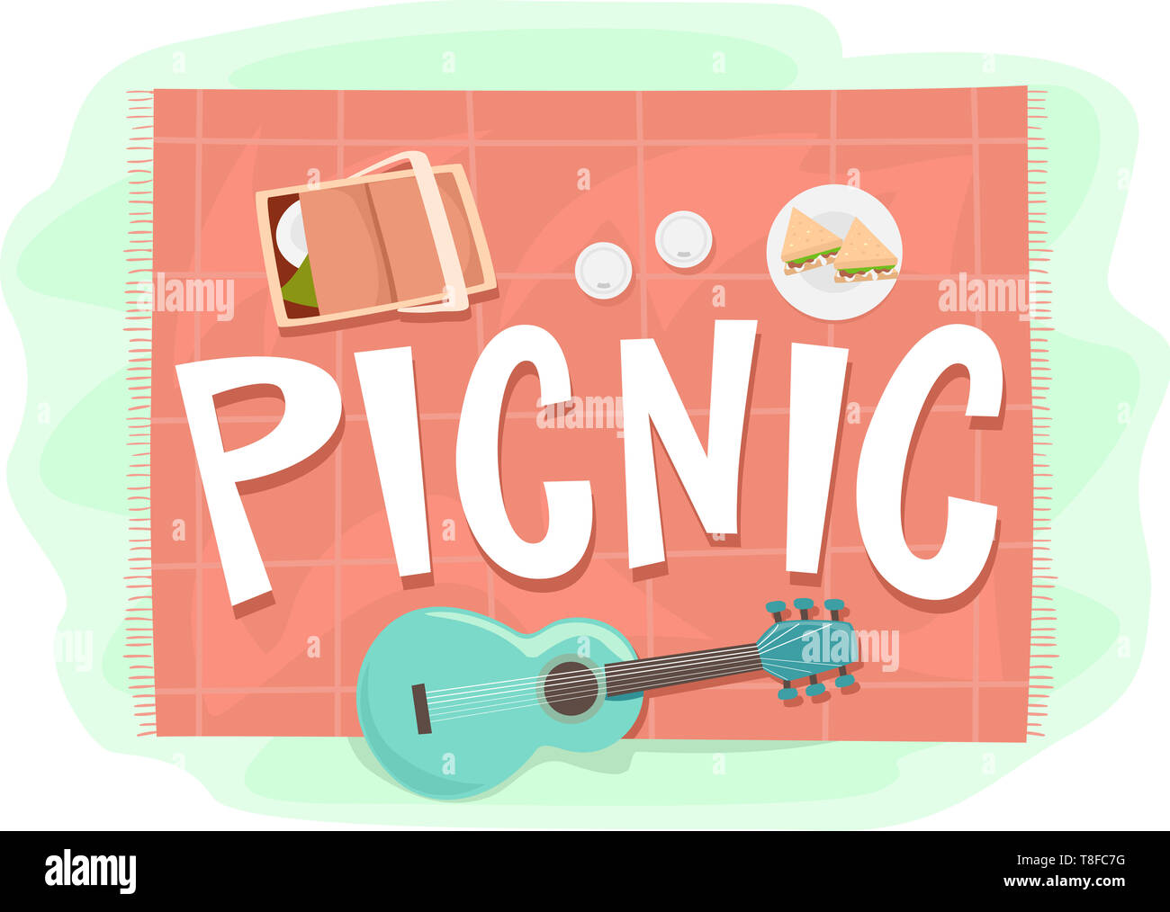 Top View Illustration of a Picnic Blanket with Basket, Sandwiches and Guitar on the Spread Stock