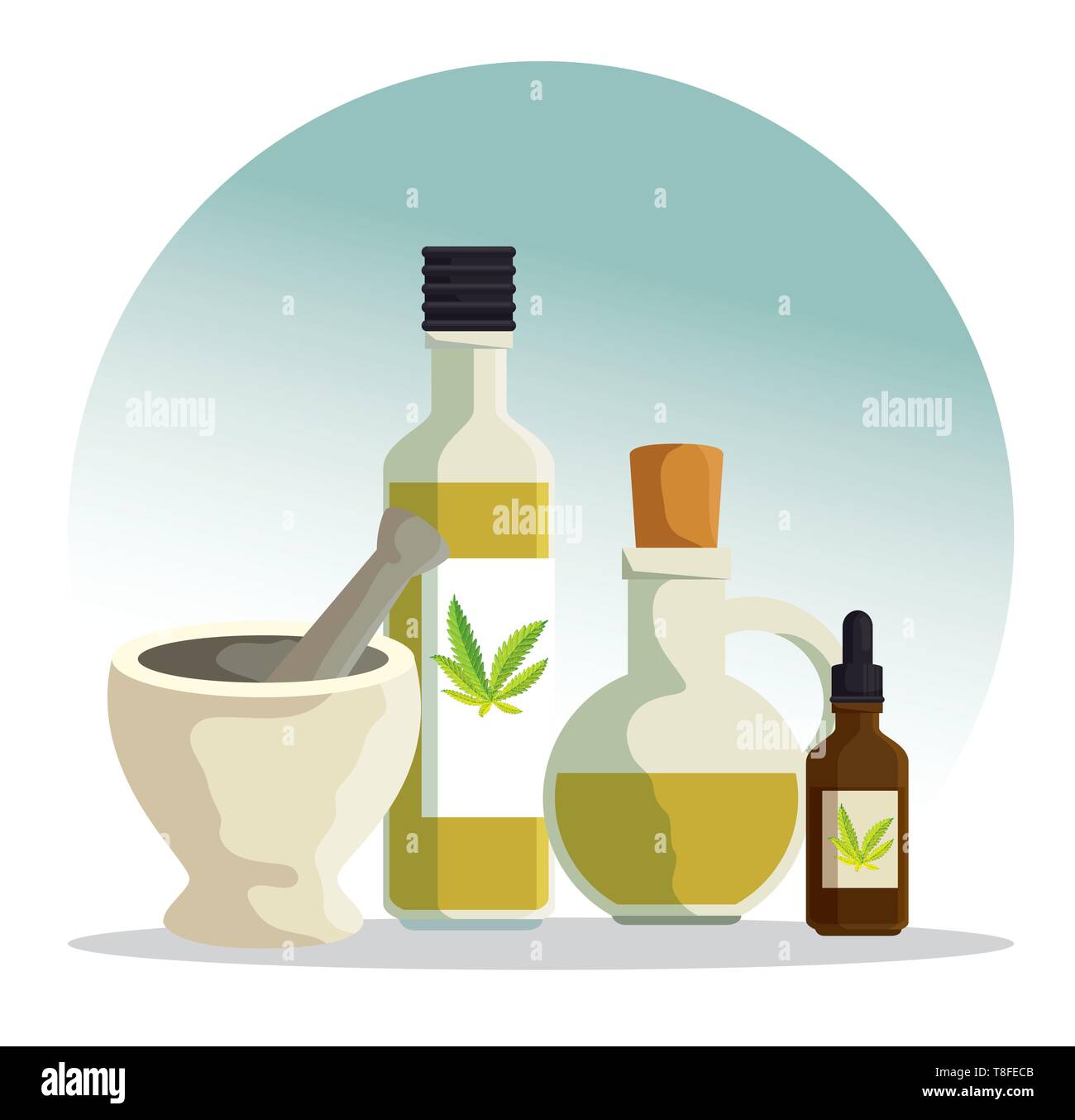 stone grinding crusher with cannabis oil in the bottles Stock Vector