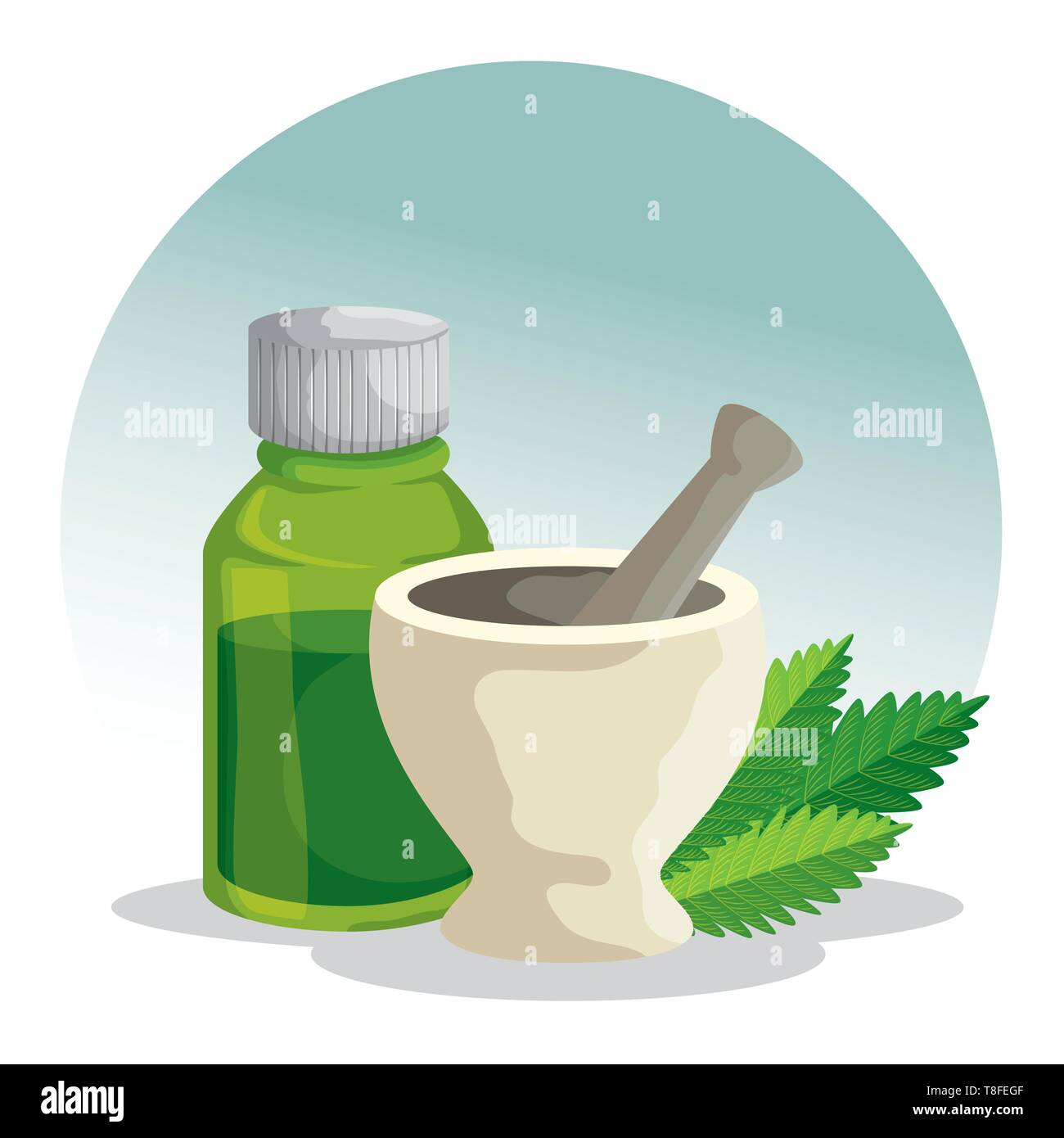 cannabis plant with stone grinding crusher and oil bottle Stock Vector
