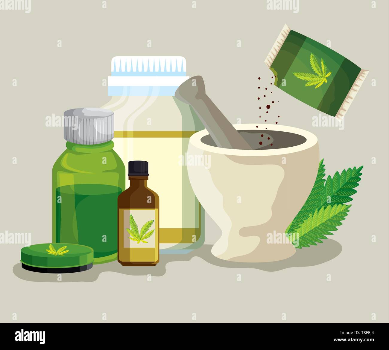 cannabis ointment with medicine bottles and stone grinding crusher with seeds Stock Vector