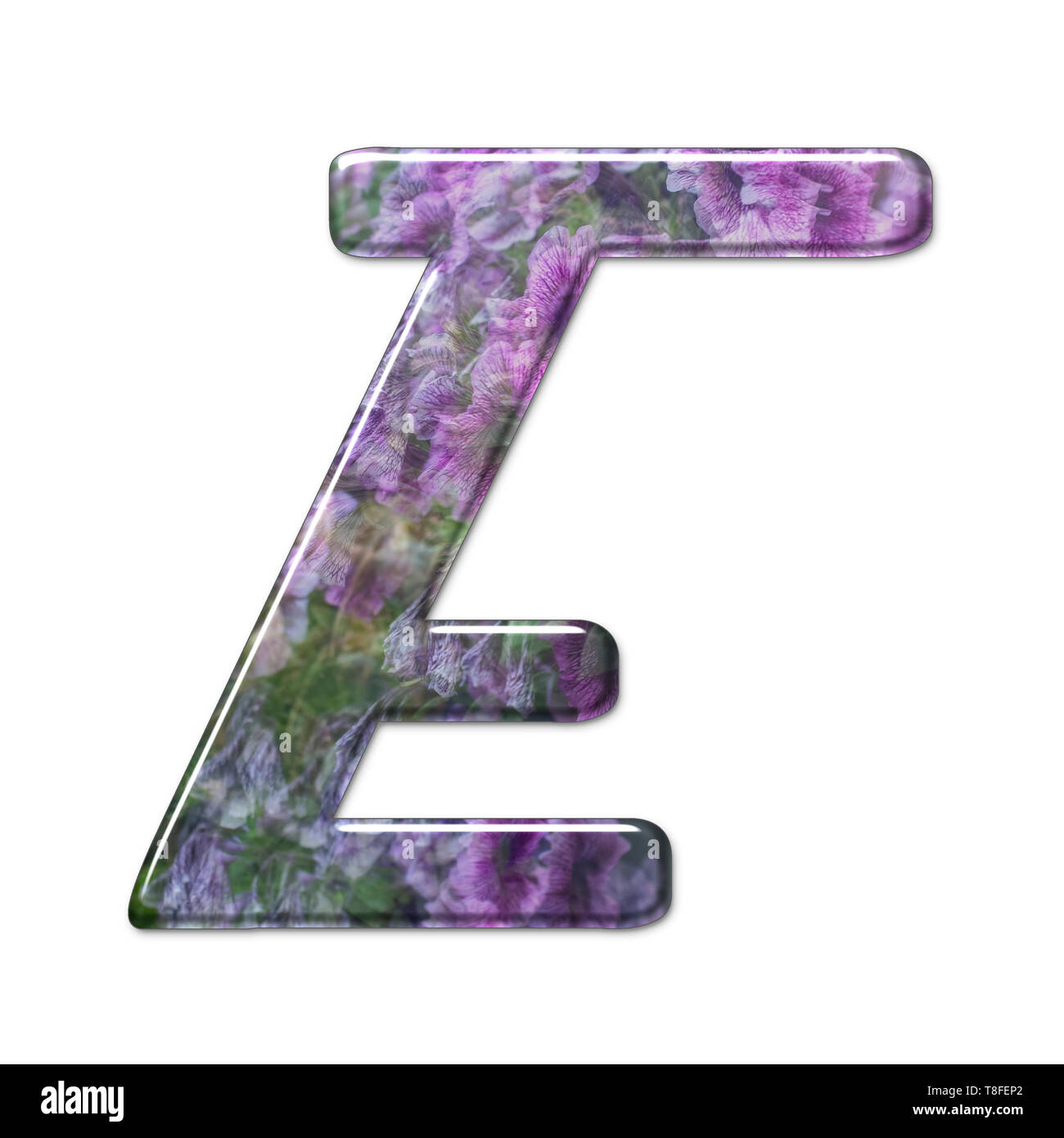 The Capitol Letter E Part of a set of letters, Numbers and symbols of 3D Alphabet made with a floral image on white background Stock Photo