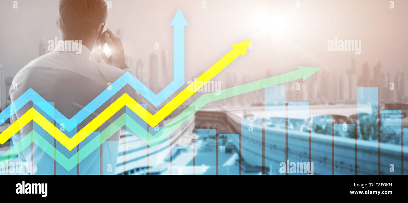 Financial growth arrows graph. Investment and trading concept. Stock Photo