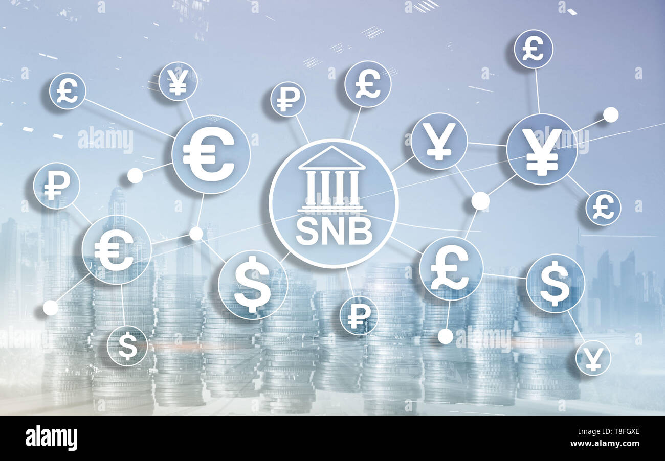 Different currencies on a virtual screen. SNB. Swiss National Bank. Stock Photo