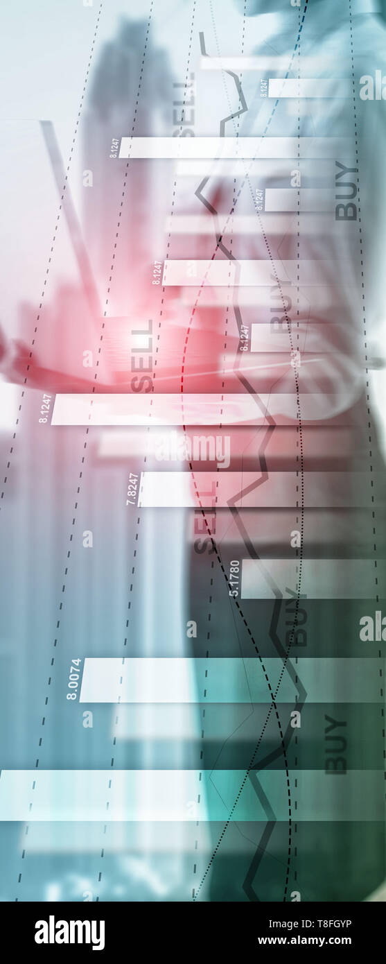 Vertical Panorama Banner. Financial stock trading graph chart diagram business finance concept double exposure mixed media. Stock Photo