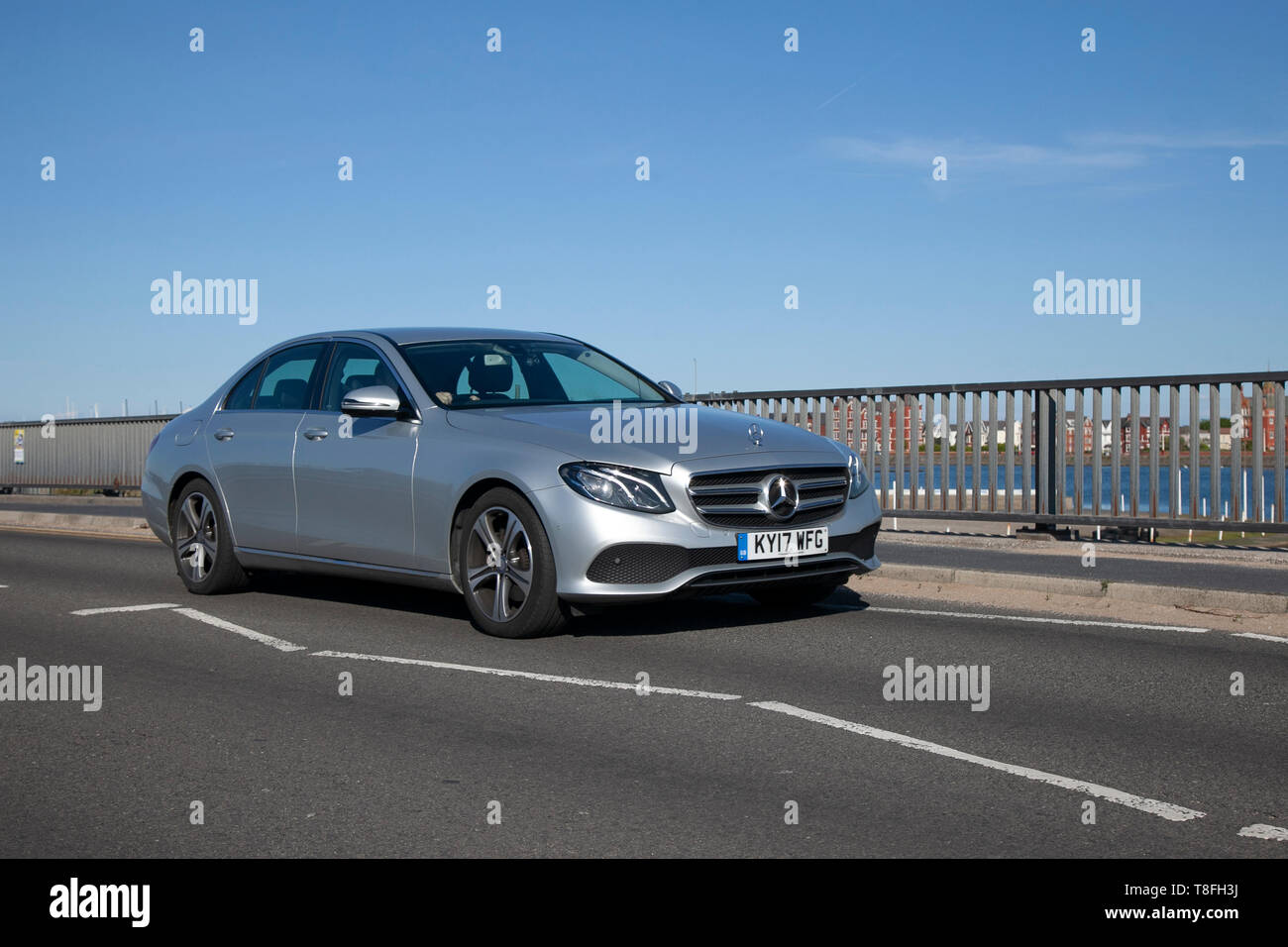 2017 silver Mercedes-Benz E 220 D SE Auto on the seafront promenade, Southport, Merseyside, UK Stock Photo