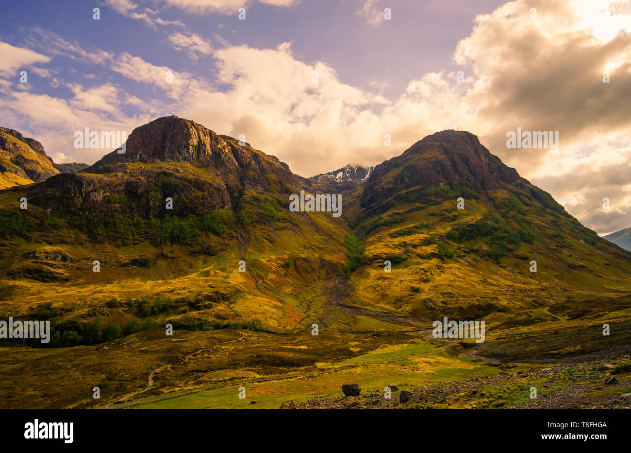 Glencoe or Glen Coe mountains and pass, panoramic view landscape in Lochaber, Scottish Higlands,Scotland. UK. Stock Photo