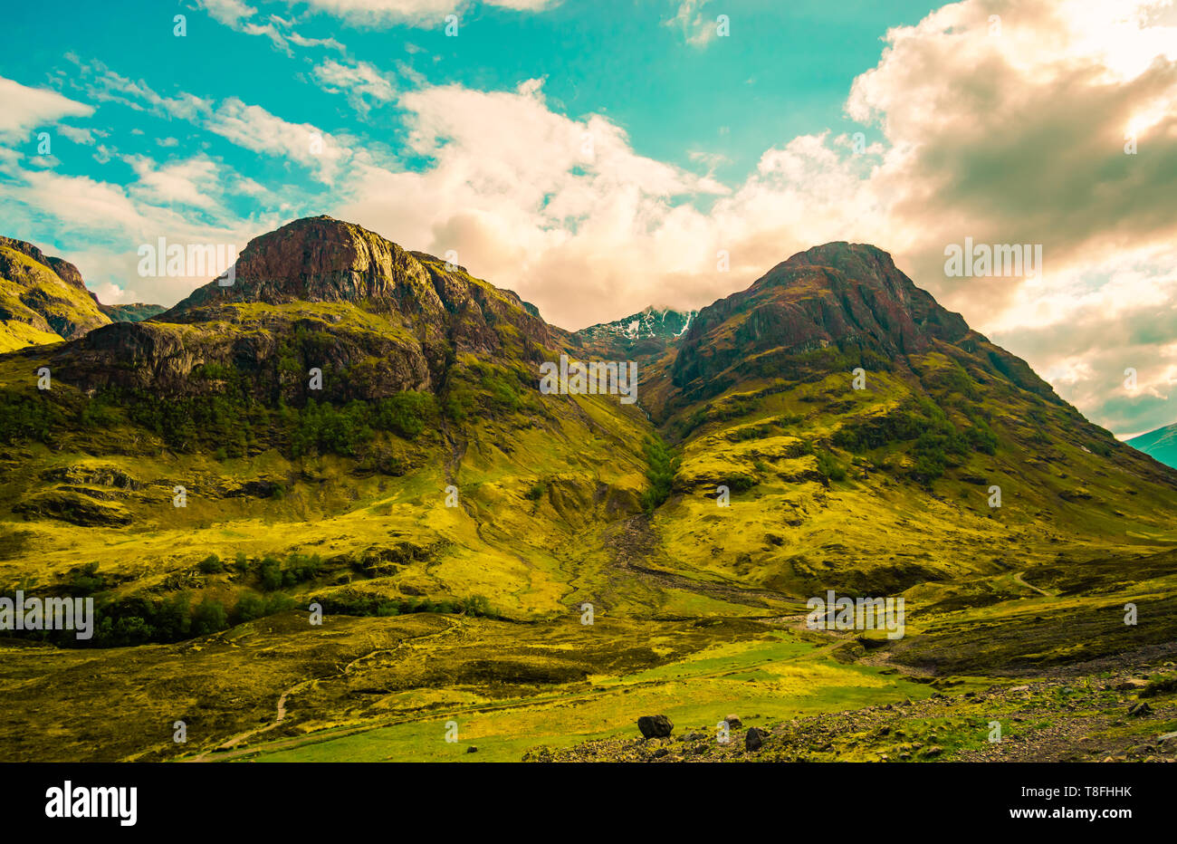 Glencoe or Glen Coe mountains and pass, panoramic view landscape in Lochaber, Scottish Higlands,Scotland. UK. Stock Photo