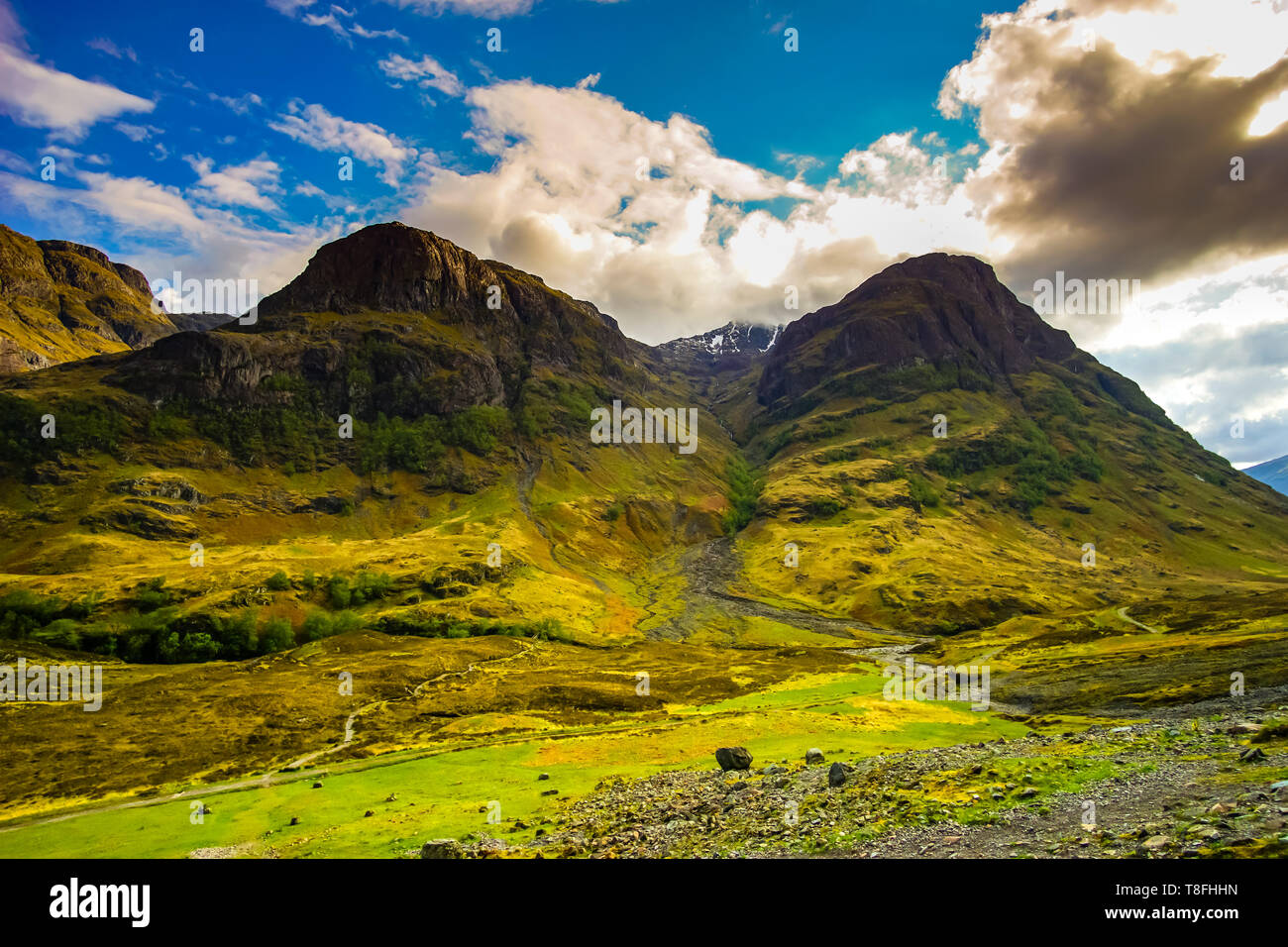 Glencoe or Glen Coe mountains and pass, panoramic view landscape in Lochaber, Scottish Higlands,Scotland. UK. Stock Photo