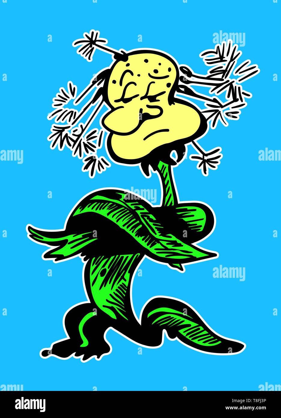 Sketch of a dandelion. Cartoon character. Angry flower for poster. Black contour on a blue background. Card, print on clothes, badge, logo or sticker Stock Vector