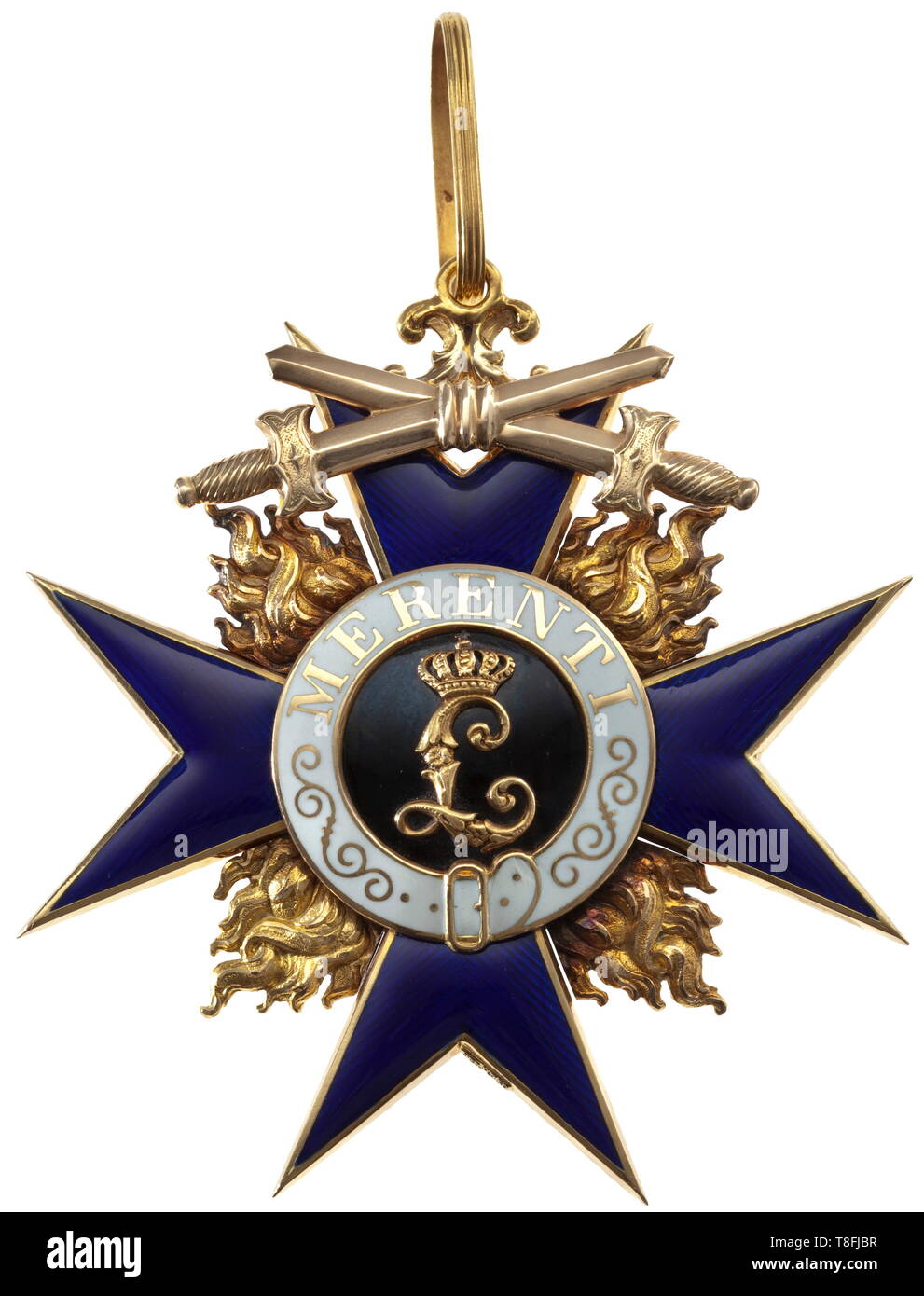 A Grand Cross with Swords of the Bavarian Military Merit Order Cross of the Order in Gold from the pre-1917 period of the First World War. The award, produced by the Hemmerle Brothers in Munich, is marked 'GEB.H. 750' in the lower cross arm. Between the hollow wrought, blue enameled cross arms the flames are individually inset and finely re-engraved in order to amplify their fire. The three-section medallion is white and black enameled. The swords, likewise hollow hand-wrought and completed on both sides, are affixed at their cen 20th century, Additional-Rights-Clearance-Info-Not-Available Stock Photo