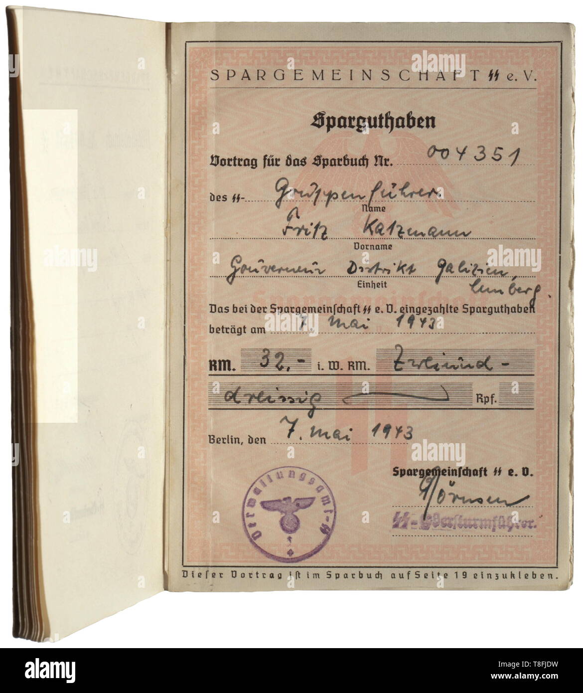 SS-Gruppenführer Fritz Katzmann (1906 - 1957) - an SS savings book With the no. 004351, issued by the registered savings association SS of SS upper section southeast on 1 April 1940 with two savings balance entries and adhered savings stamps from 1940 to 1944. 32 pages, slightly damaged, the obverse holed, signs of age. Fritz Katzmann was a high-ranking SS functionary and occasional member of the People's Court. He was primarily active in Galicia, and was appointed Generalleutnant of the Waffen-SS on 1 July 1944. historic, historical, 20th century, 1930s, 1940s, Waffen-SS, , Editorial-Use-Only Stock Photo