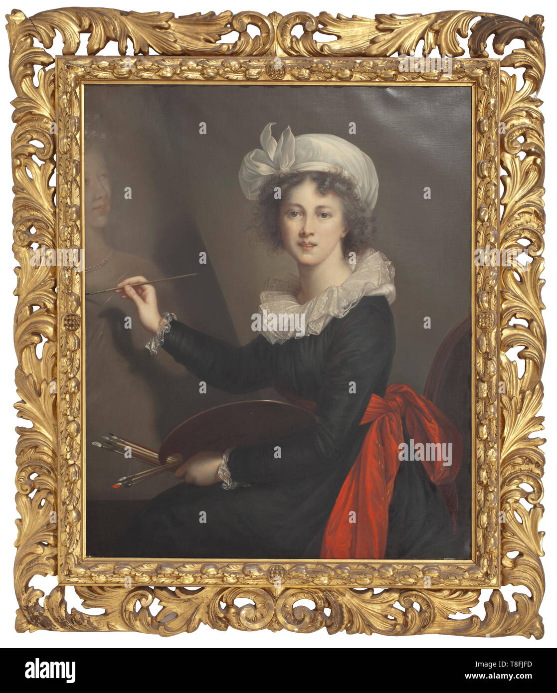 Elisabeth Vigée-Lebrun (1755 - 1842) - a self portrait Oil on canvas, circa 1880/90. Atmospheric self portrait in good manner of painting. On the reverse side two inventory labels. In a magnificent gilt plaster frame (small damages). Dimensions of the painting approximately 100 x 82 cm, dimensions of the frame 131 x 112 cm. Elisabeth Vigée-Lebrun, very famous French painter, who painted numerous portraits of European aristocrats. Her works are part of private collections as well as of several large European and US-American museums. According to t, Additional-Rights-Clearance-Info-Not-Available Stock Photo