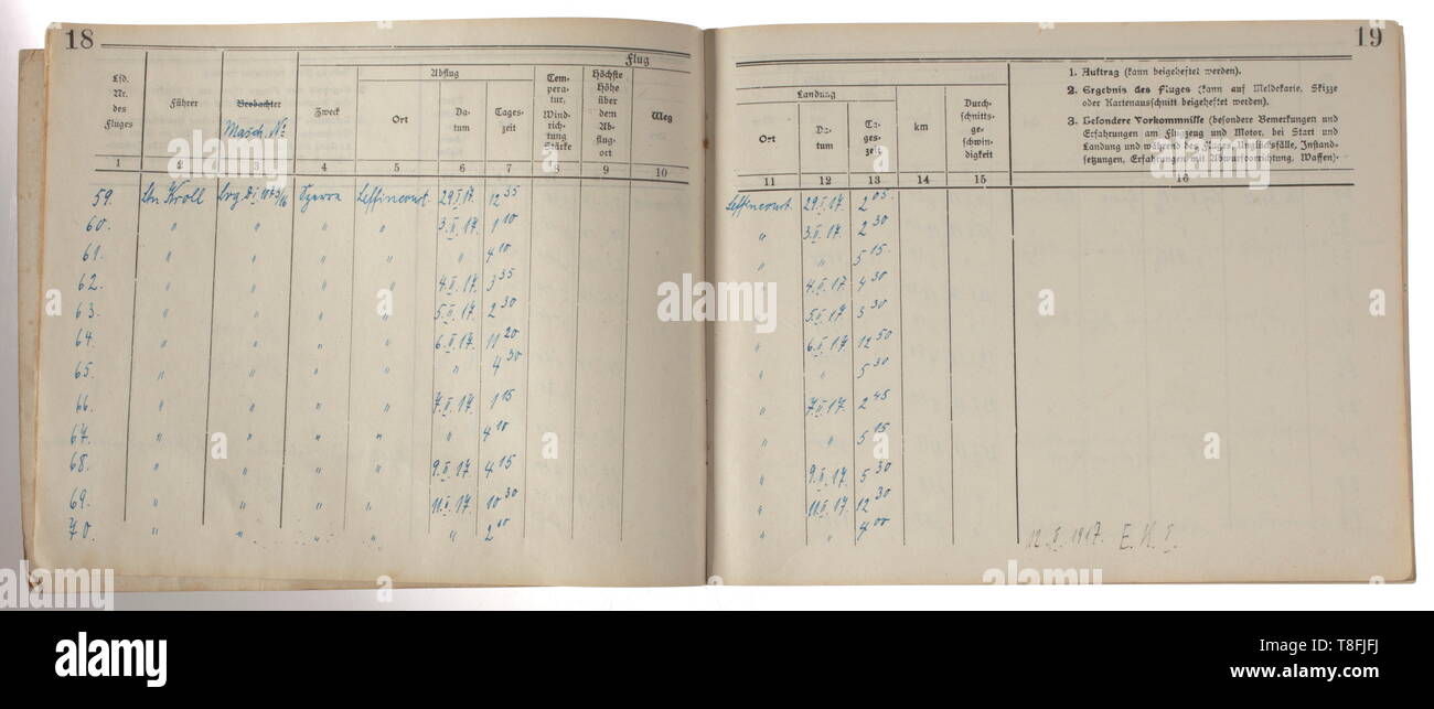 Reserve 1st Lieutenant Heinrich Kroll - flight log book from 24 May 1916 to 30 June 1918 A total of 389 flight entries, mostly in ink, beginning with operations with FFA 17 (24 flights, mostly long-range reconnaissance, one bombing mission, Rumpler C.I. and Albatros C.V.), including his first aerial combat on 26 September 1916 with '1 Nieuport und 1 Caudron'. From 3 November 1916, operations with Jasta 9 include 154 flight entries in a Fokker E III and IV, Halberstadt D I, LVG D I and Albatros D II 20th century, Editorial-Use-Only Stock Photo