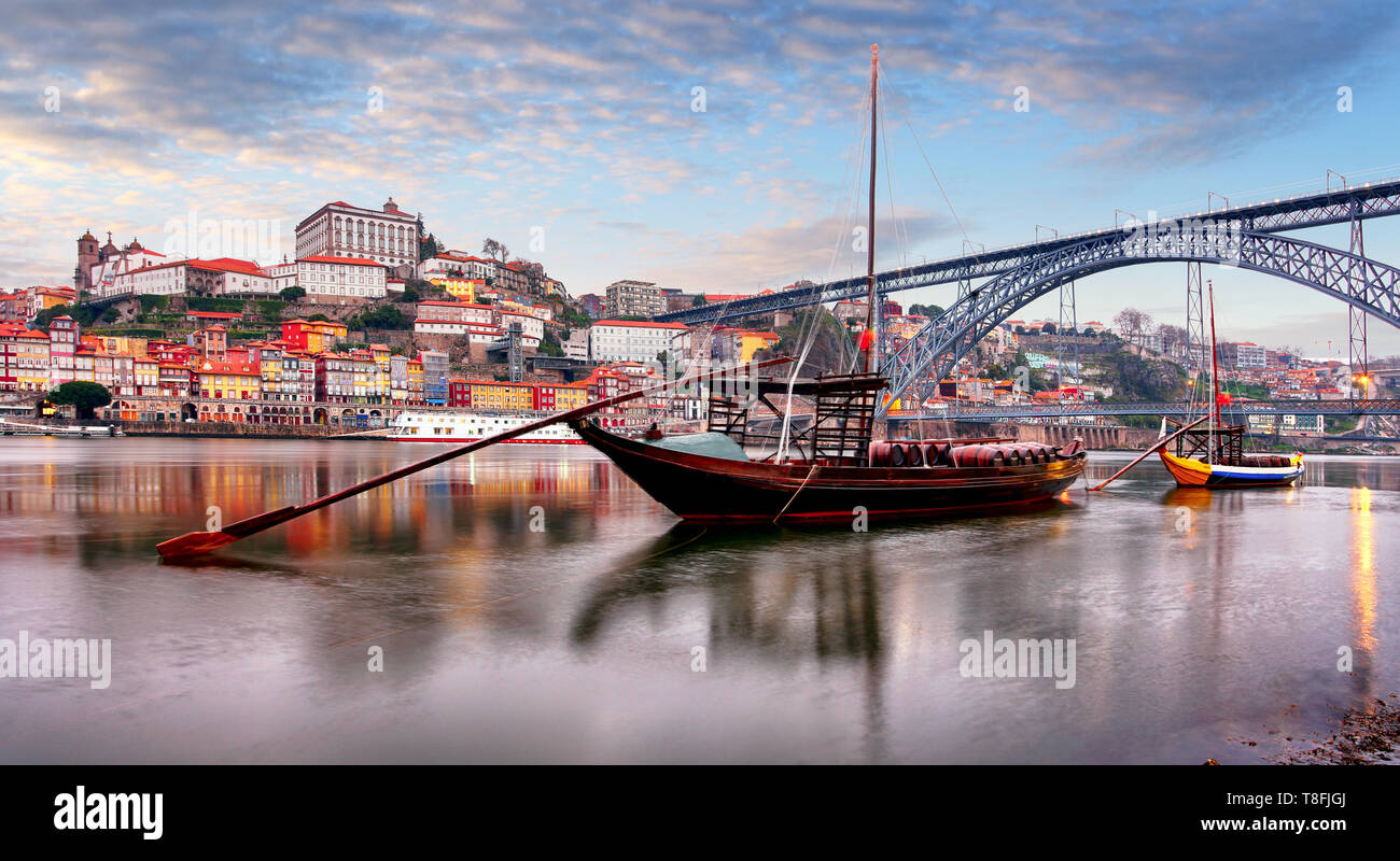 Cityscape of Porto (Oporto) old town, Portugal. Valley of the Douro River. Panorama of the famous Portuguese city. Stock Photo