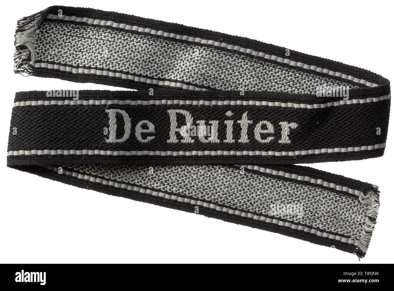 A cuff title 'De Ruiter' 'BeVo-like' machine-woven issue. Length 48 cm. historic, historical, 20th century, 1930s, 1940s, Waffen-SS, armed division of the SS, armed service, armed services, NS, National Socialism, Nazism, Third Reich, German Reich, Germany, military, militaria, utensil, piece of equipment, utensils, object, objects, stills, clipping, clippings, cut out, cut-out, cut-outs, fascism, fascistic, National Socialist, Nazi, Nazi period, Editorial-Use-Only Stock Photo