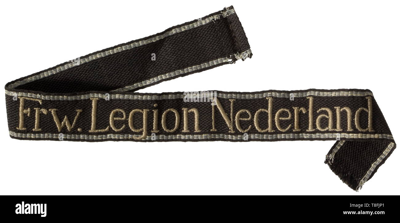 Medewerker Canada Dragende cirkel A cuff title "Frw. Legion Nederland" RZM-machine-embroidered issue. Used.  Length 37 cm. historic, historical, 20th century, 1930s, 1940s, Waffen-SS,  armed division of the SS, armed service, armed services, NS, National  Socialism, Nazism,