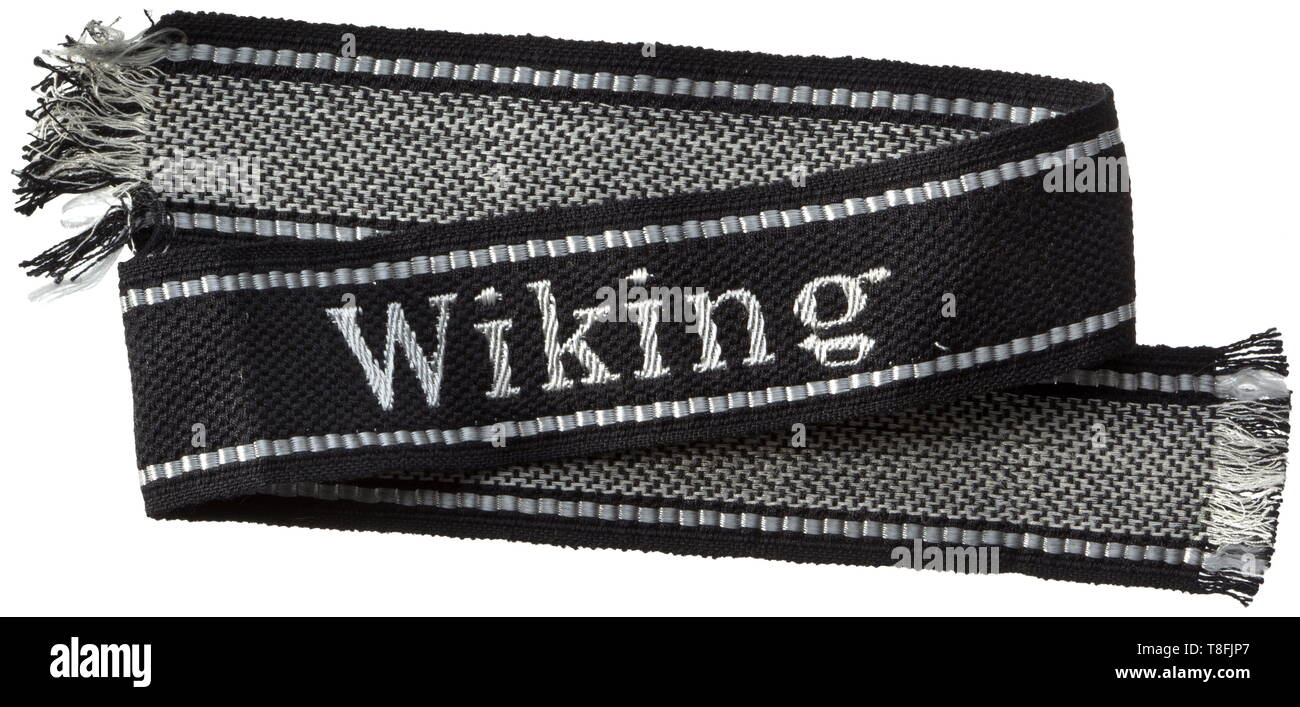 A cuff title 'Wiking' Machine-woven 'BeVo-like' issue. Length 43 cm. historic, historical, 20th century, 1930s, 1940s, Waffen-SS, armed division of the SS, armed service, armed services, NS, National Socialism, Nazism, Third Reich, German Reich, Germany, military, militaria, utensil, piece of equipment, utensils, object, objects, stills, clipping, clippings, cut out, cut-out, cut-outs, fascism, fascistic, National Socialist, Nazi, Nazi period, Editorial-Use-Only Stock Photo