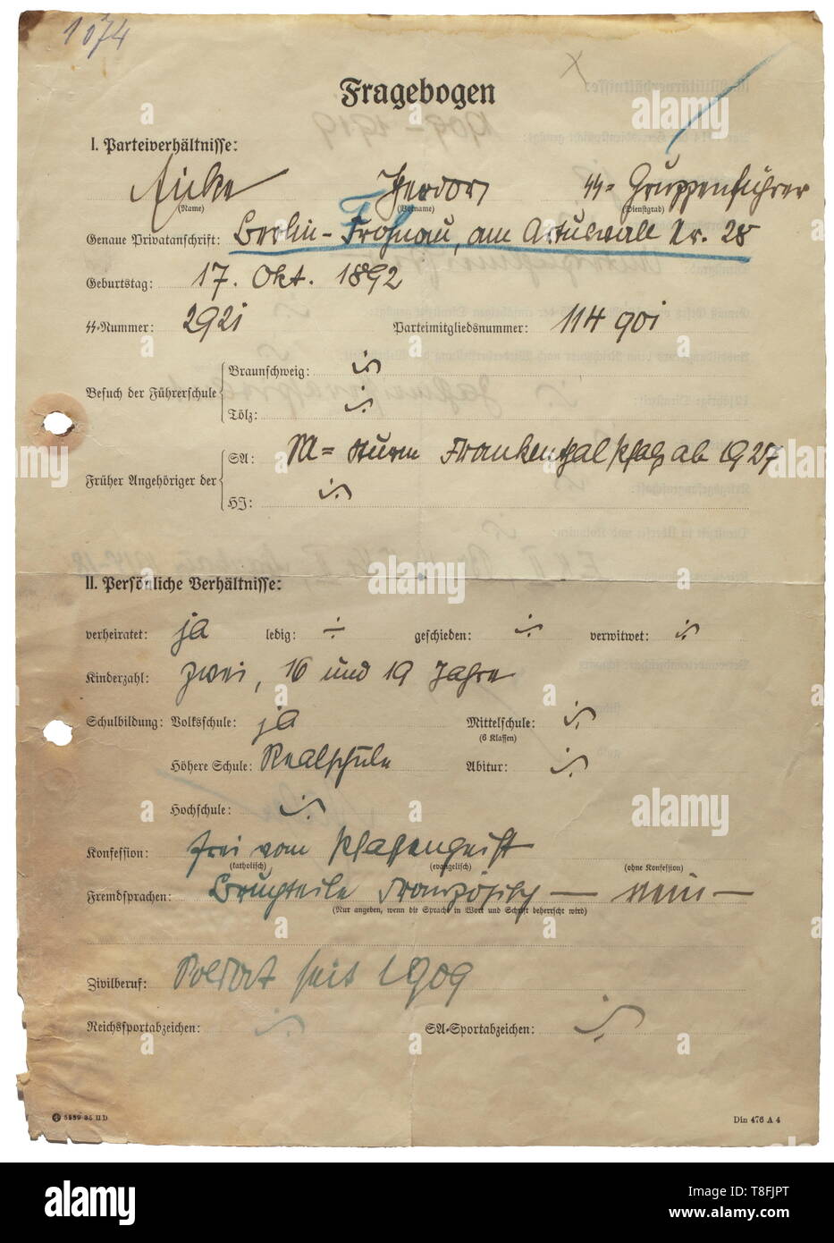 Theodor Eicke - an SS questionnaire Questionnaire regarding rank ('SS-Gruppenführer'), SS- and party numbers ('2921' and '114901'), children, education, denomination ('free of priestly spirits'), foreign languages ('broken French'), civilian occupation ('Soldier since 1909'), war decorations ('Iron Cross 2nd Class II, Br.Kr, V.Kr.II, Cross of Honour 1914 - 18'). With Eicke's original signature in blue ink. historic, historical, 20th century, 1930s, 1940s, Waffen-SS, armed division of the SS, armed service, armed services, NS, National Socialism, Nazism, Third Reich, German , Editorial-Use-Only Stock Photo