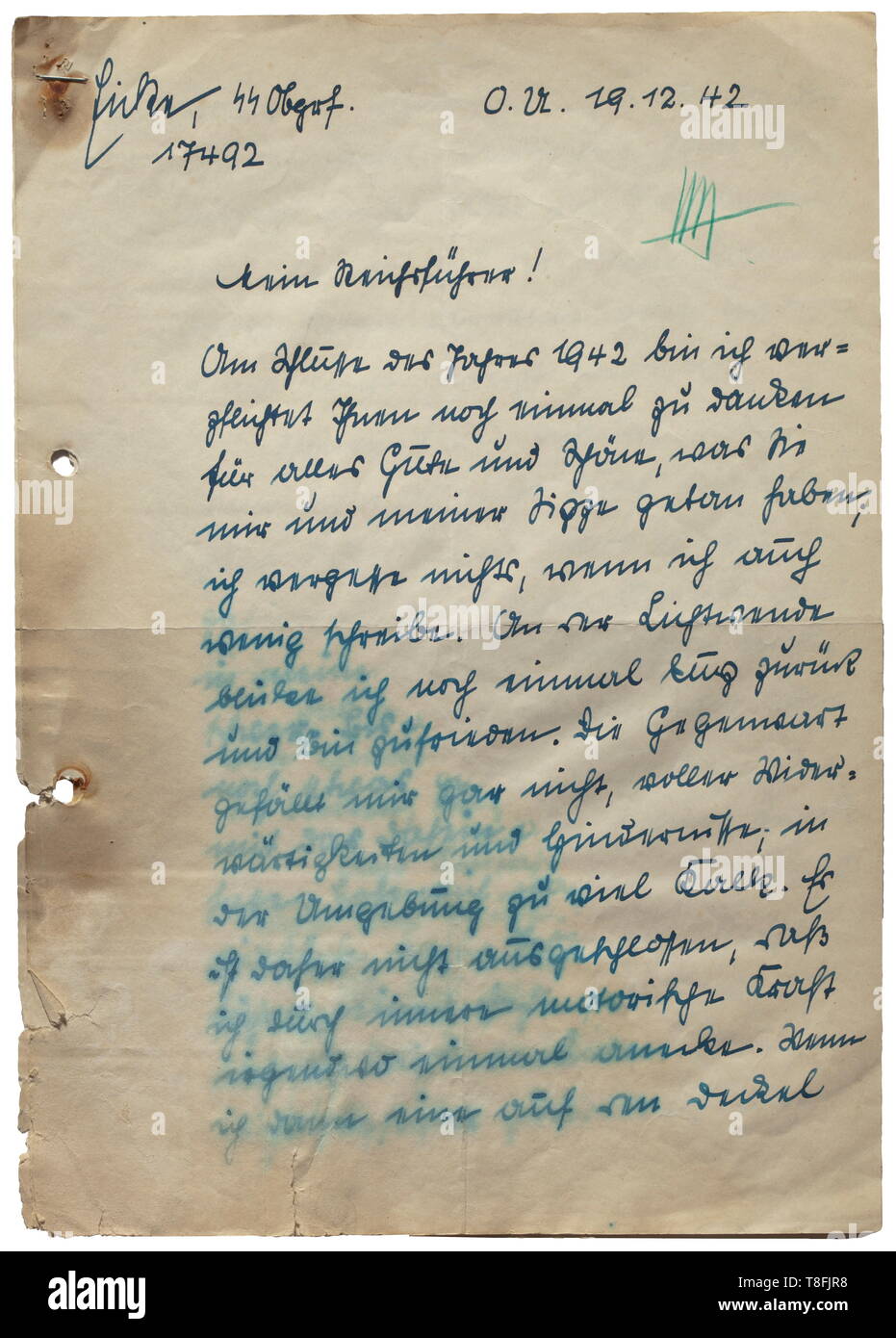 Theodor Eicke - a four-page handwritten letter to Himmler Countersigned with Himmler's initials 'HH', (tr) 'My Reichsführer! At the end of the year 1942 I am obliged to thank you once again for everything good and beautiful that you have done for me and my family...the present does not please me at all, full of repulsiveness and obstacles...inwardly stronger and ready for action...becoming rabid, when one sees the exhaustion in uniforms milling around here in this obnoxious place behind the frontline...for the new year of 1943 I wish you and the SSt.Div. all the best from m, Editorial-Use-Only Stock Photo