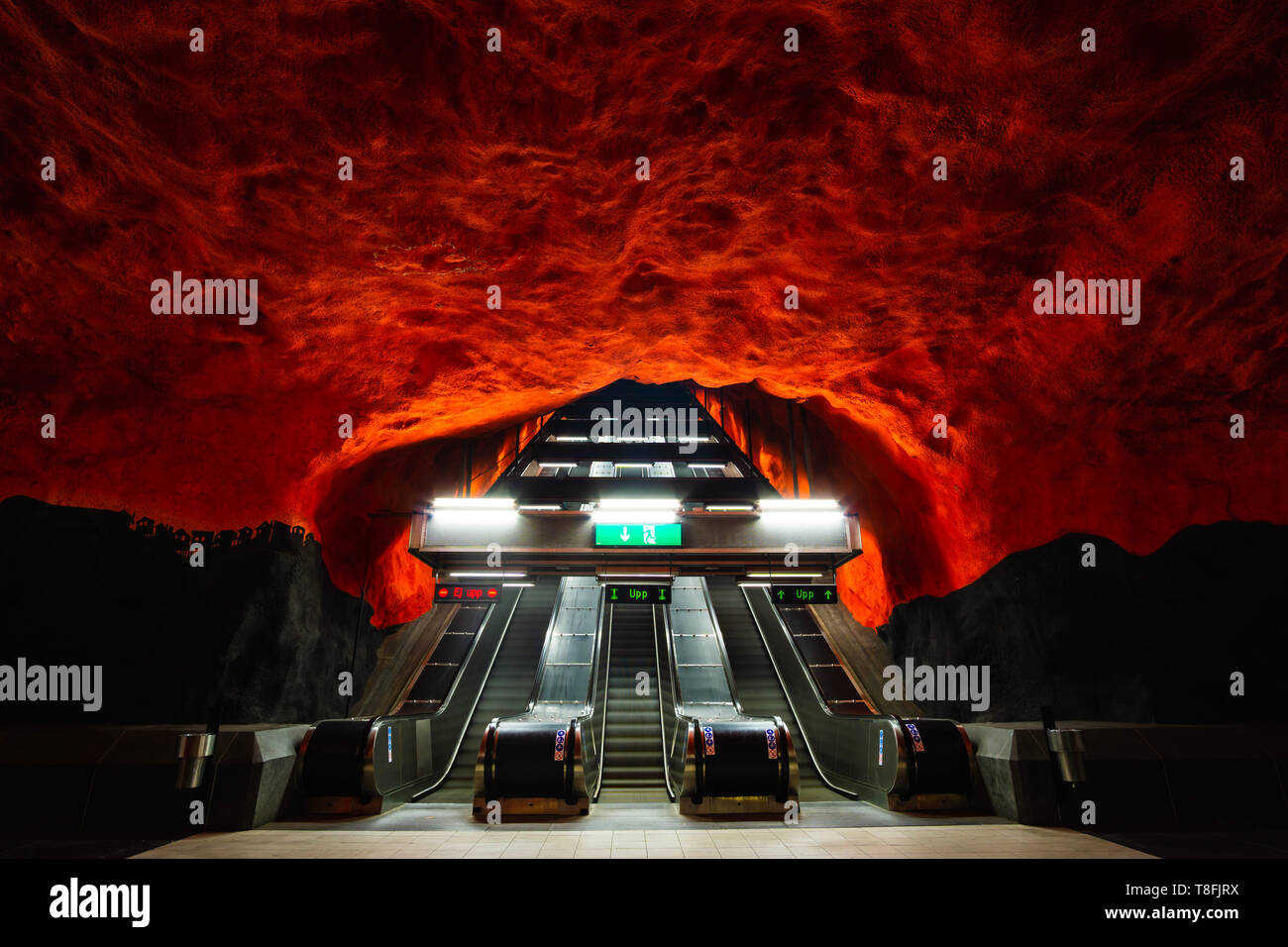STOCKHOLM, SWEDEN Solna Station of the Subway, red cave style Stock Photo