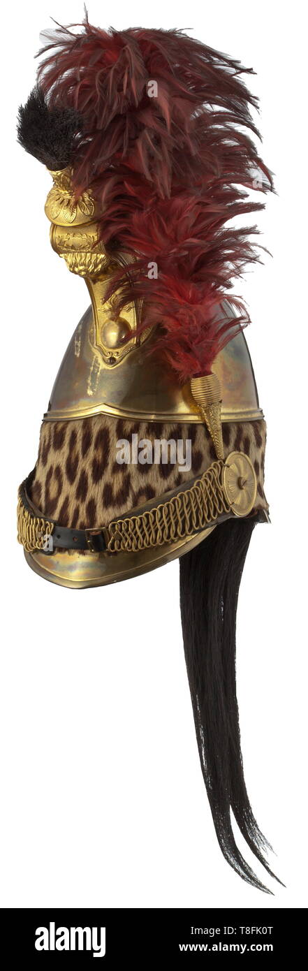 A helmet for officers of the dragoons, model 1845 Time of the Second Empire. Lavishly decorated and gilt skull, the comb with Minerva's head and blazing grenade, gadrooned bosses on the sides, black horsehair tail, red plumes on the sides, the broad scaled chinstraps on a padding made from textile and brass, continuous cover, tied up at the back, made from 'panther's skin', the lining is missing. Magnificent, rare helmet in very good condition. historic, historical, 19th century, Europe, 19th century, Additional-Rights-Clearance-Info-Not-Available Stock Photo
