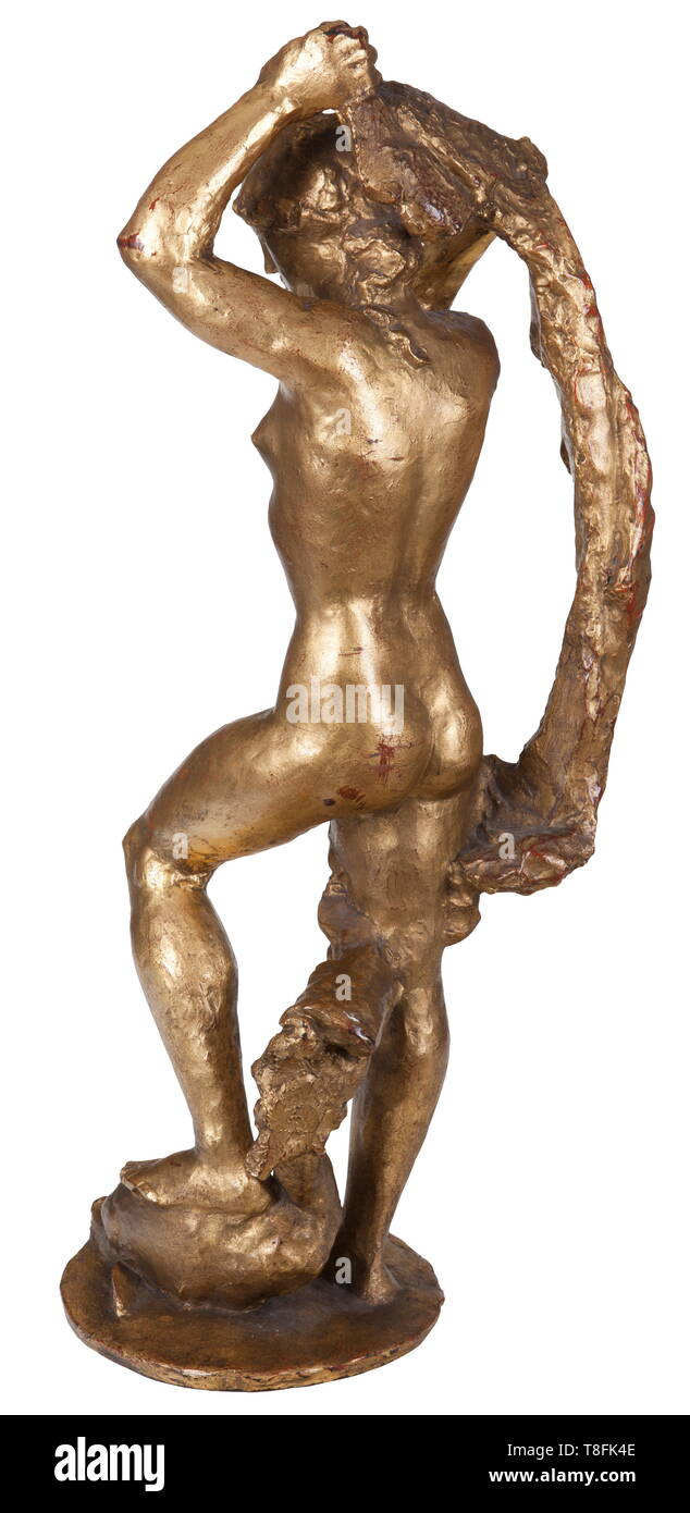 Josef Wackerle (1880 - 1959) - Brunnenfigur (Fountain Figure), circa 1938 Gilt bronze, signed and with foundry stamp 'Brandstetter München'. This bronze casting is a preliminary artist's sketch model for a monumental fountain installation in Isartal, near Munich. Height 82 cm, weight 77 lbs. Josef Wackerle was trained as a wood carver and modeller for the German porcelain manufacture Nymphenburg. He exhibited in the Haus der Deutschen Kunst regularly. The plaster model for a final monumental version of this sculpture was exhibited in the Haus der Deutschen Kunst in 1938. Th, Editorial-Use-Only Stock Photo